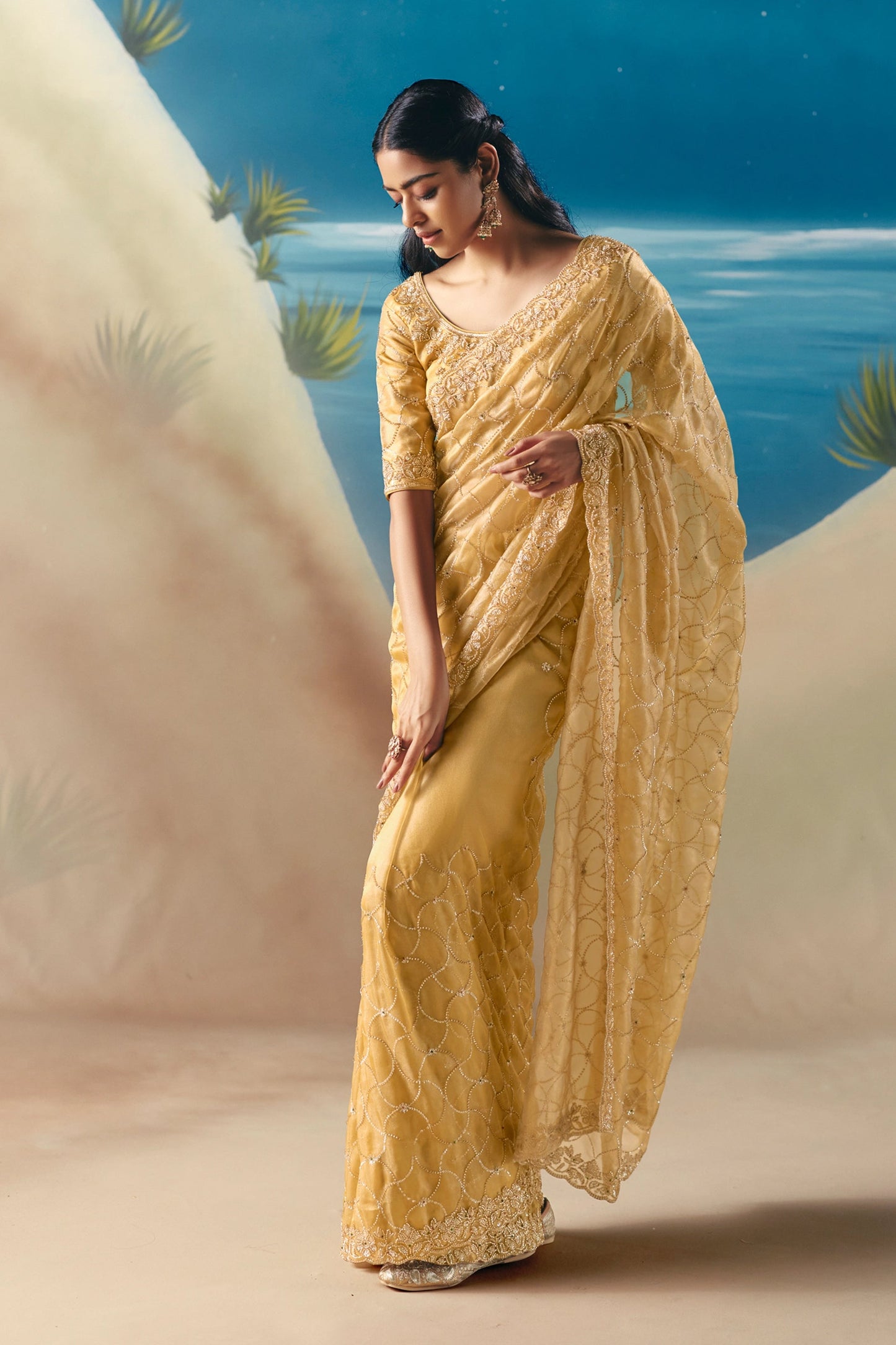Yellow Embroidered Satin Organza Saree-SAR11038_4_SareeButa.com