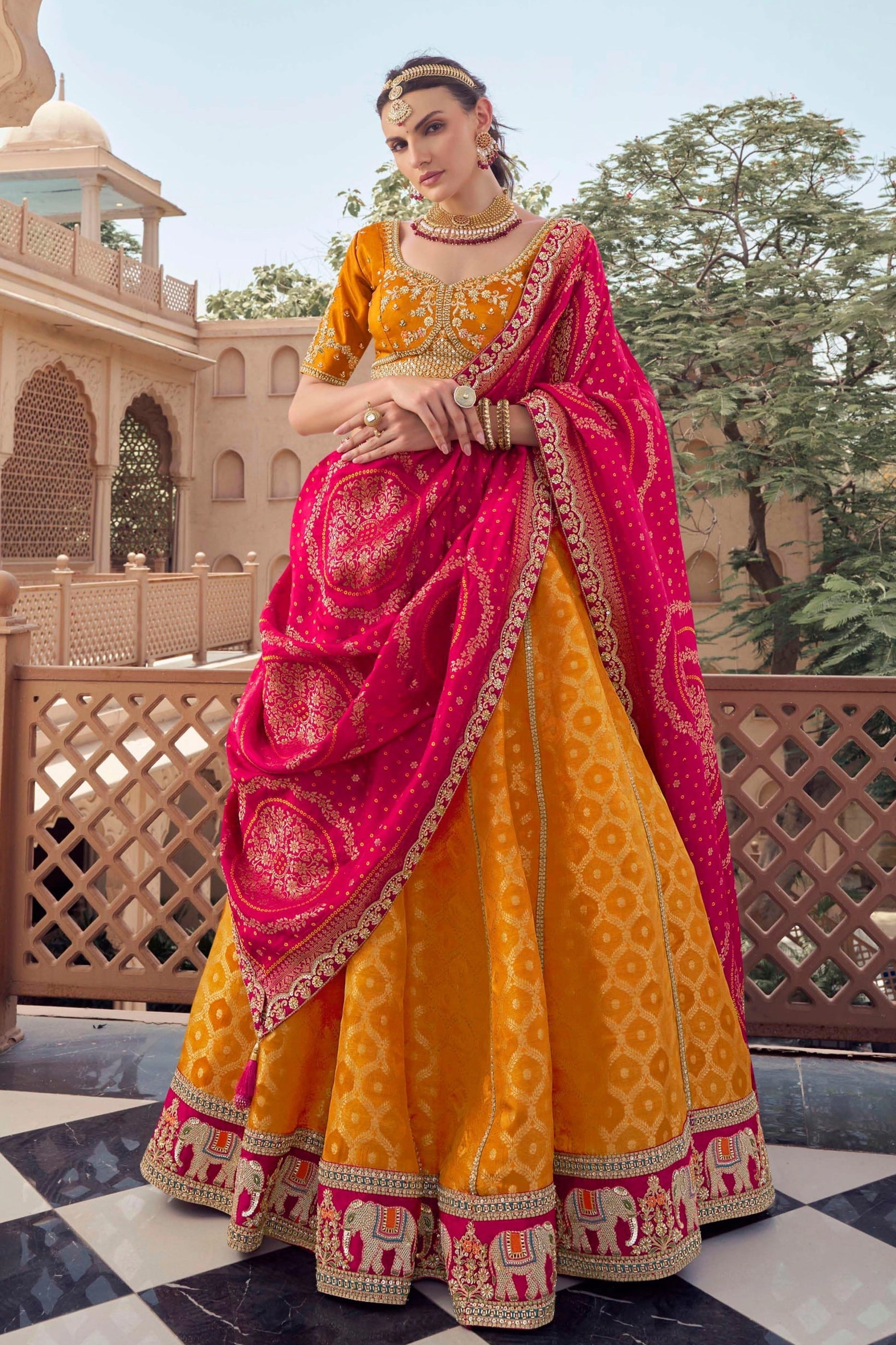 Yellow Embroidered Semi-Stitched Viscose Silk Lehenga-SAR10350_1_SareeButa.com