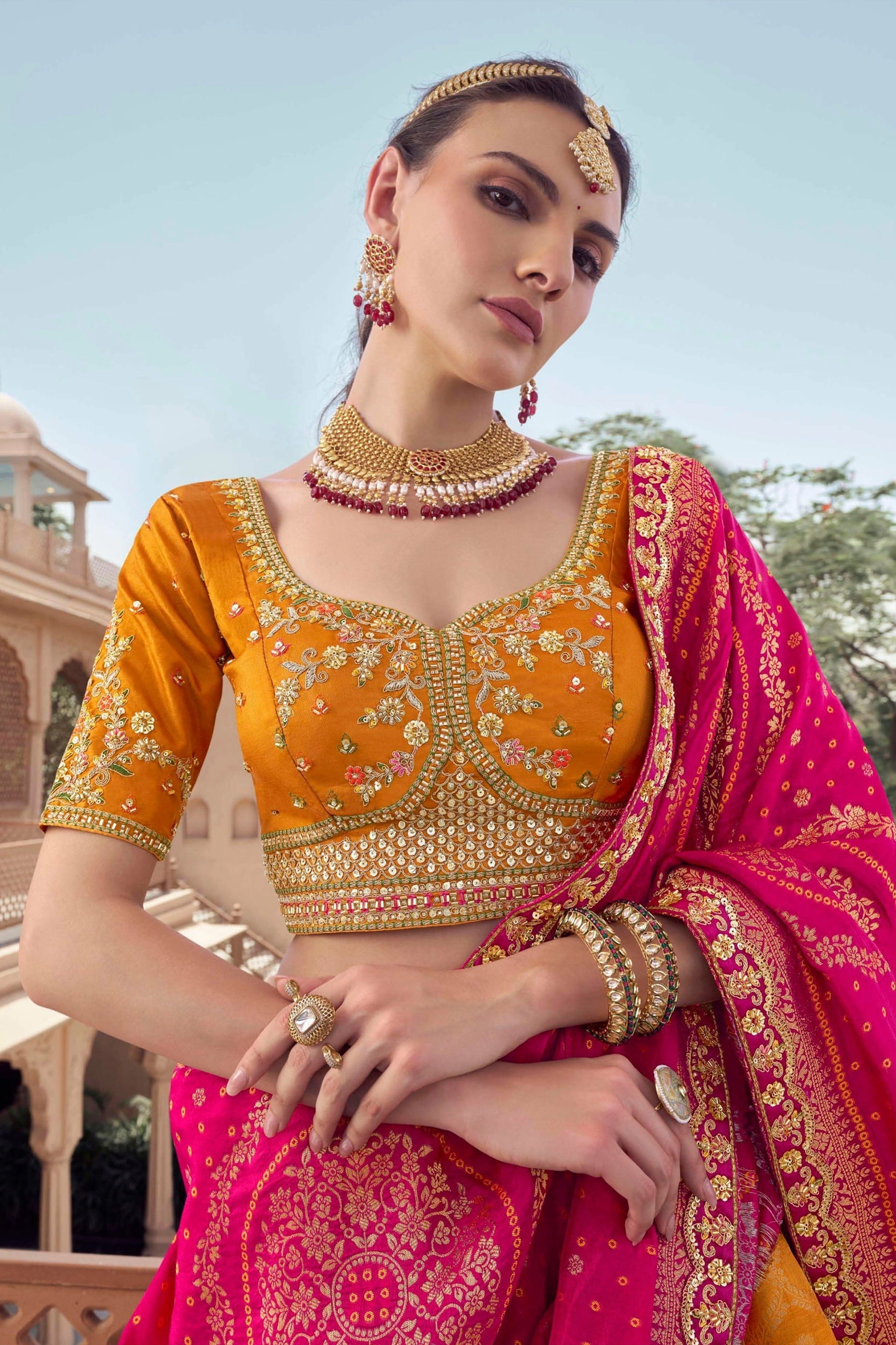 Yellow Embroidered Semi-Stitched Viscose Silk Lehenga-SAR10350_2_SareeButa.com