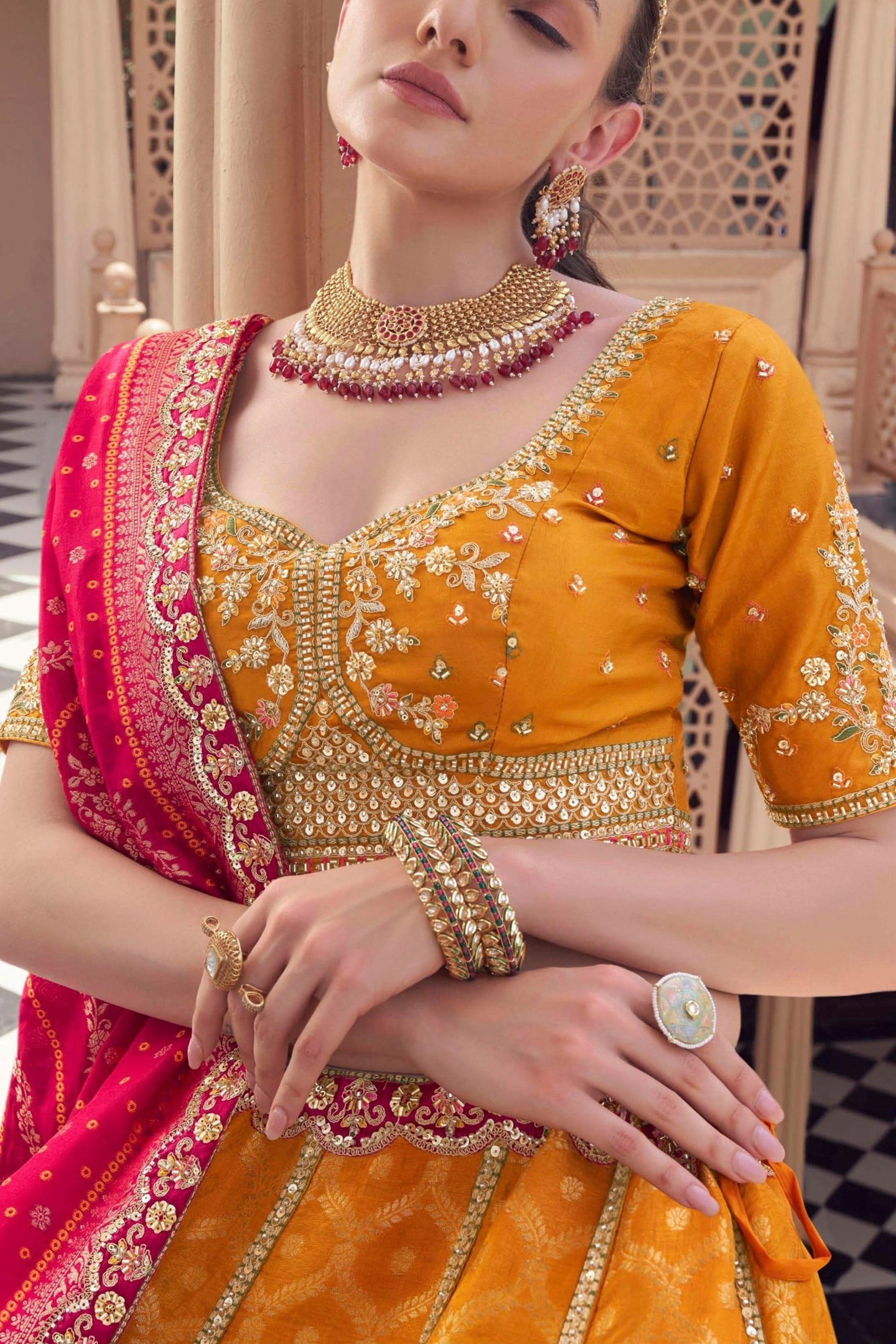 Yellow Embroidered Semi-Stitched Viscose Silk Lehenga-SAR10350_3_SareeButa.com