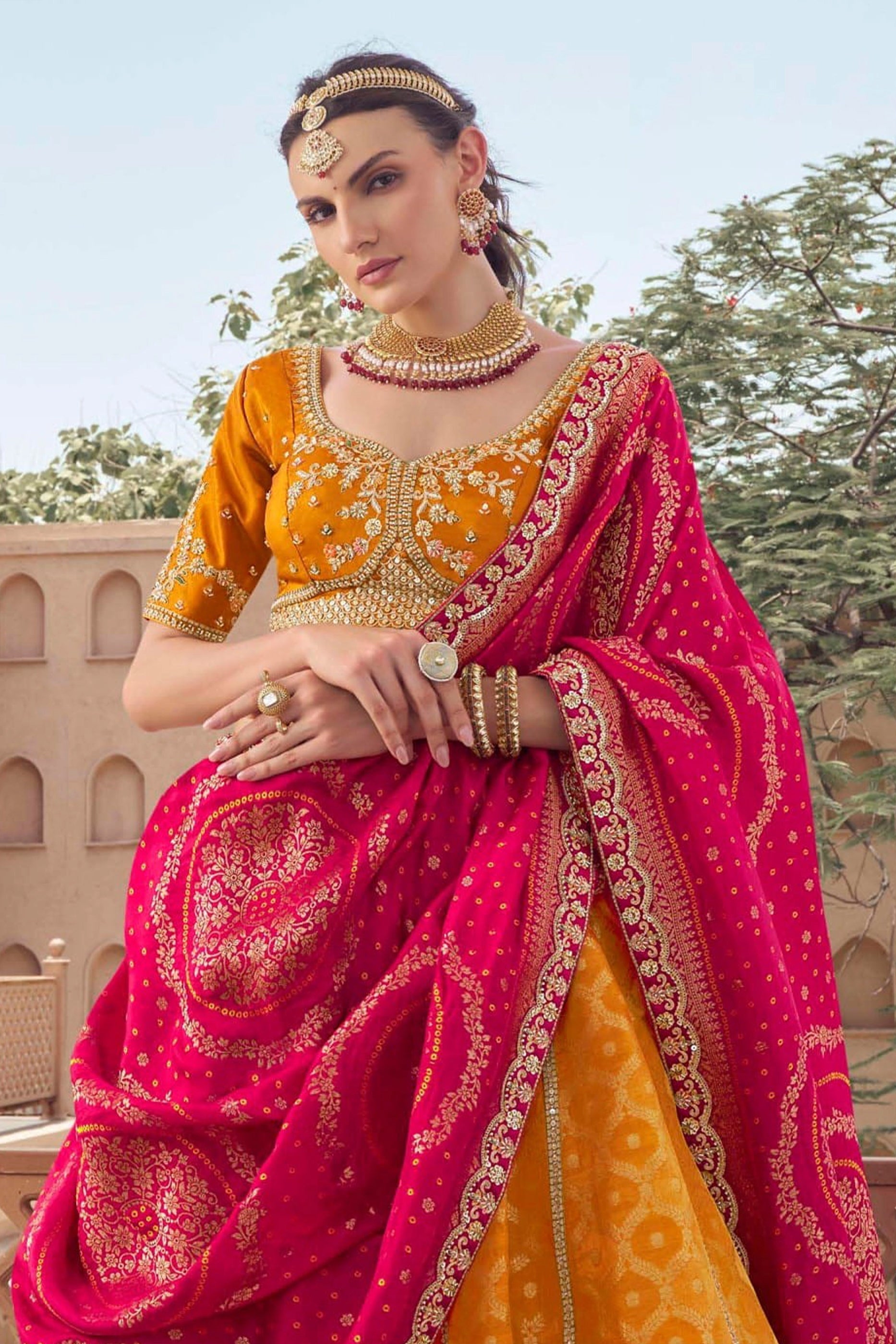 Yellow Embroidered Semi-Stitched Viscose Silk Lehenga-SAR10350_5_SareeButa.com