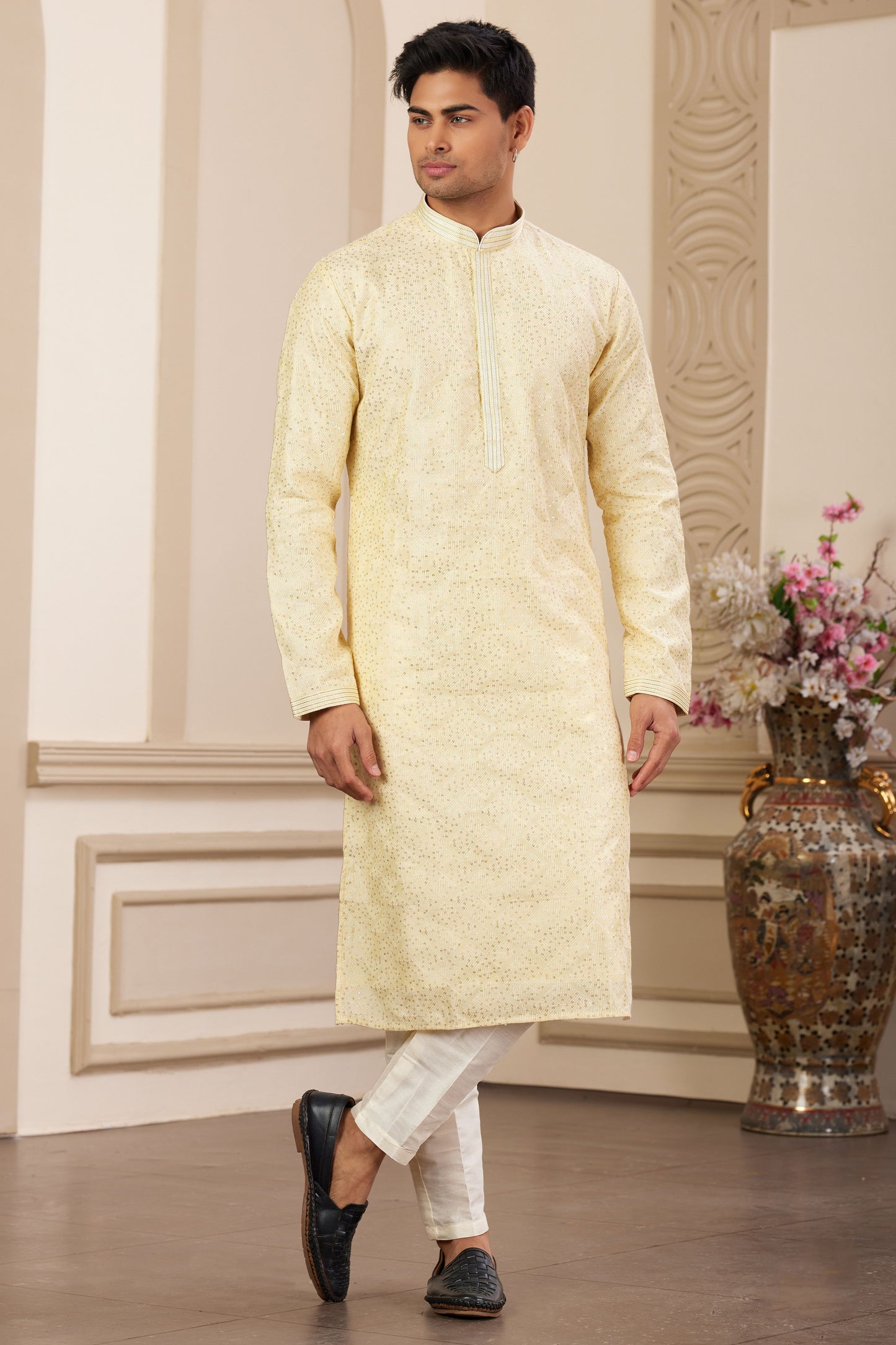Yellow Embroidered Silk Kurta Pajama-MW25_1_SareeButa.com