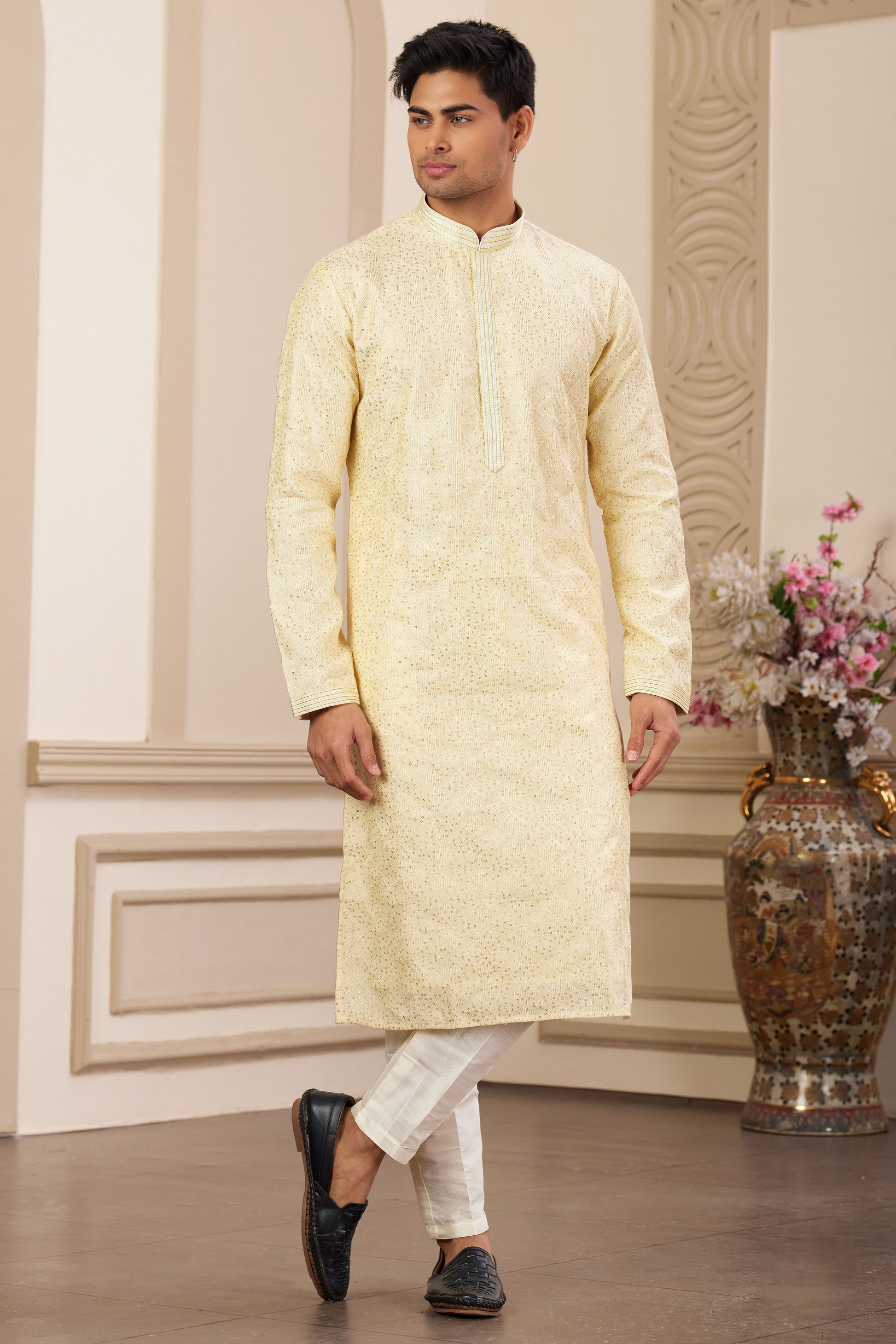 Yellow Embroidered Silk Kurta Pajama-MW25_1_SareeButa.com