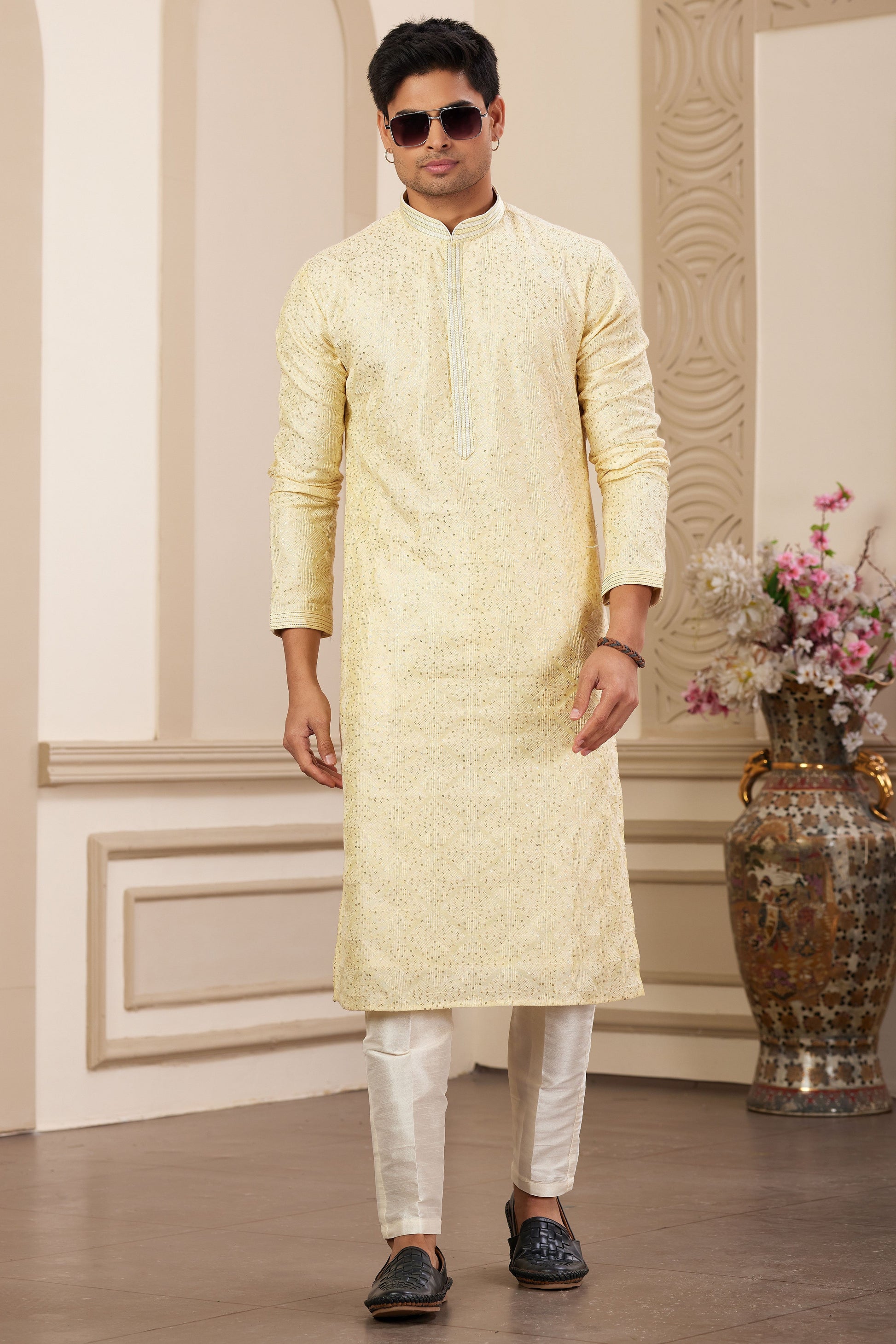 Yellow Embroidered Silk Kurta Pajama-MW25_4_SareeButa.com