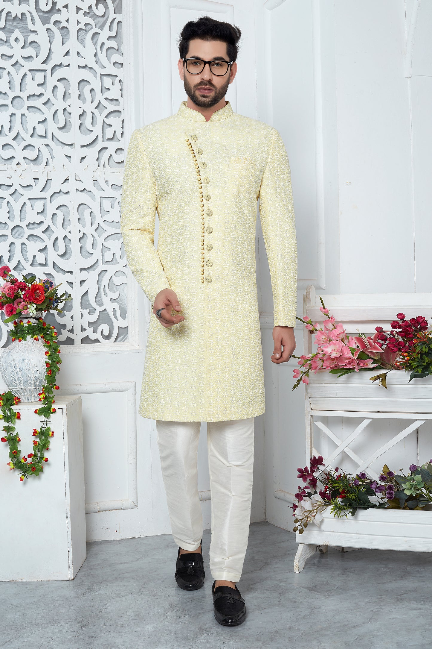 Yellow Embroidered Silk Kurta Pajama-SAR11430_3_SareeButa.com