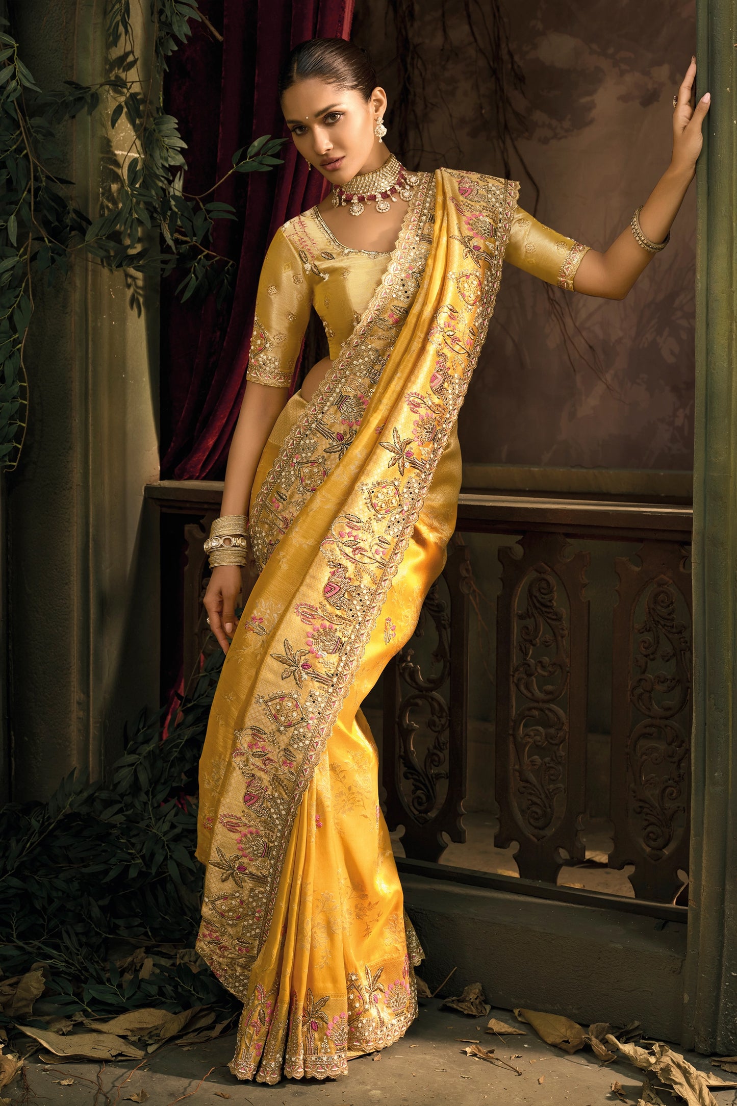 Yellow Embroidered Silk Saree-SAR12044_3_SareeButa.com