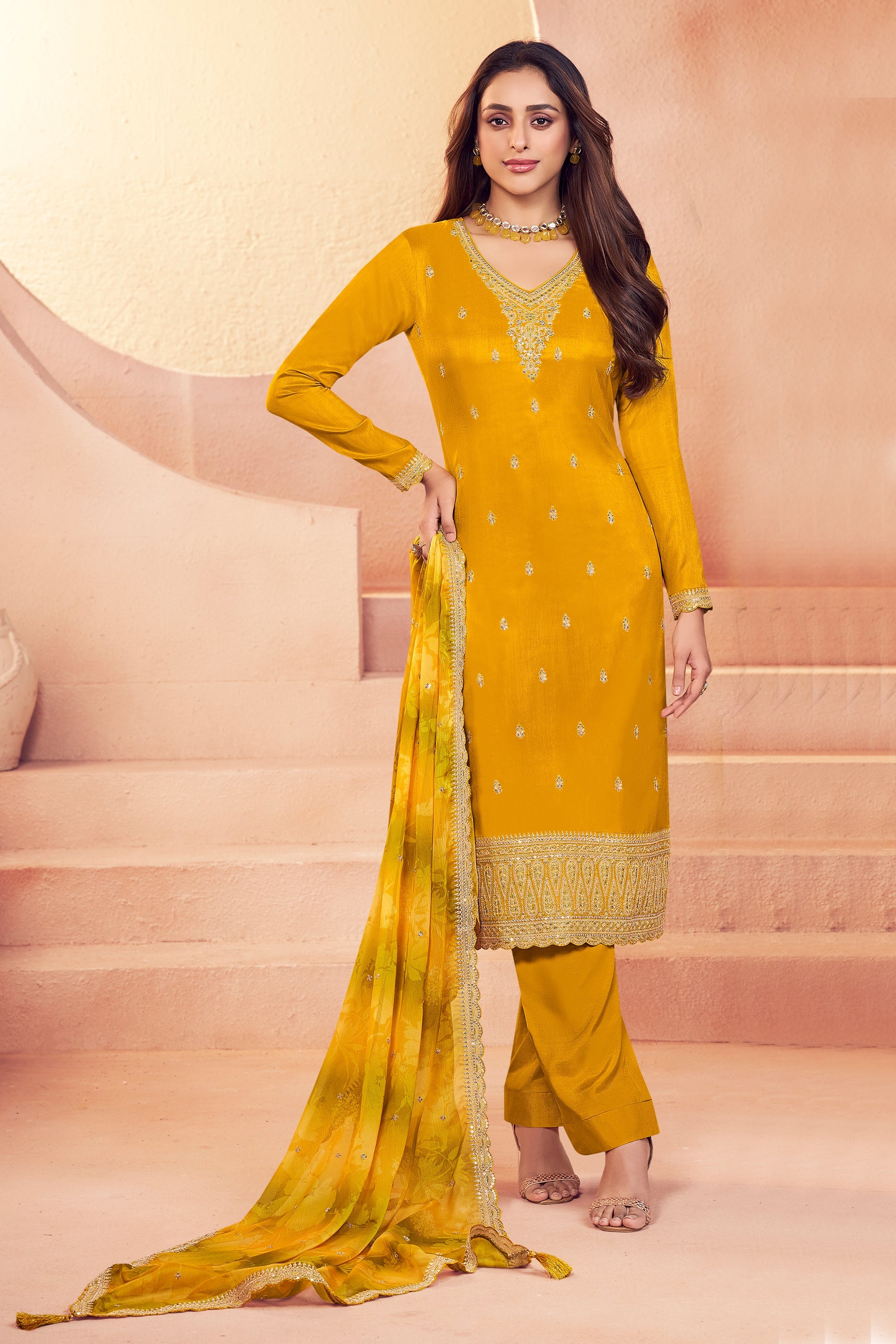 Yellow Embroidered Silk Suit-SAR11734_4_SareeButa.com