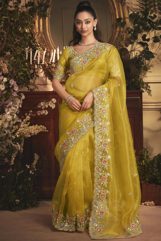 Yellow Embroidered Tissue Organza Saree-SAR10241_1_SareeButa.com