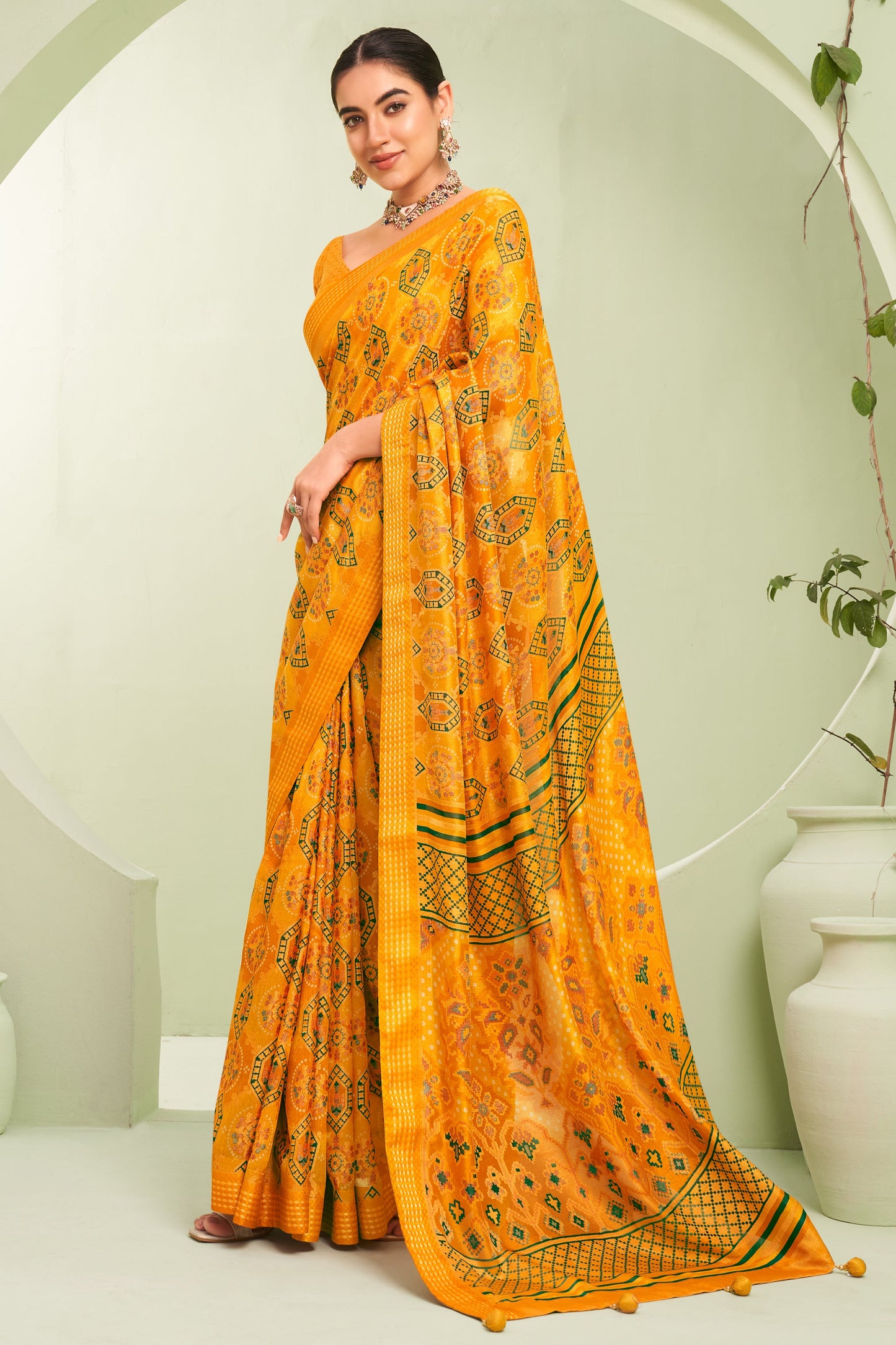 Yellow Georgette Saree with Brasso Print-ZB133930_1_SareeButa.com