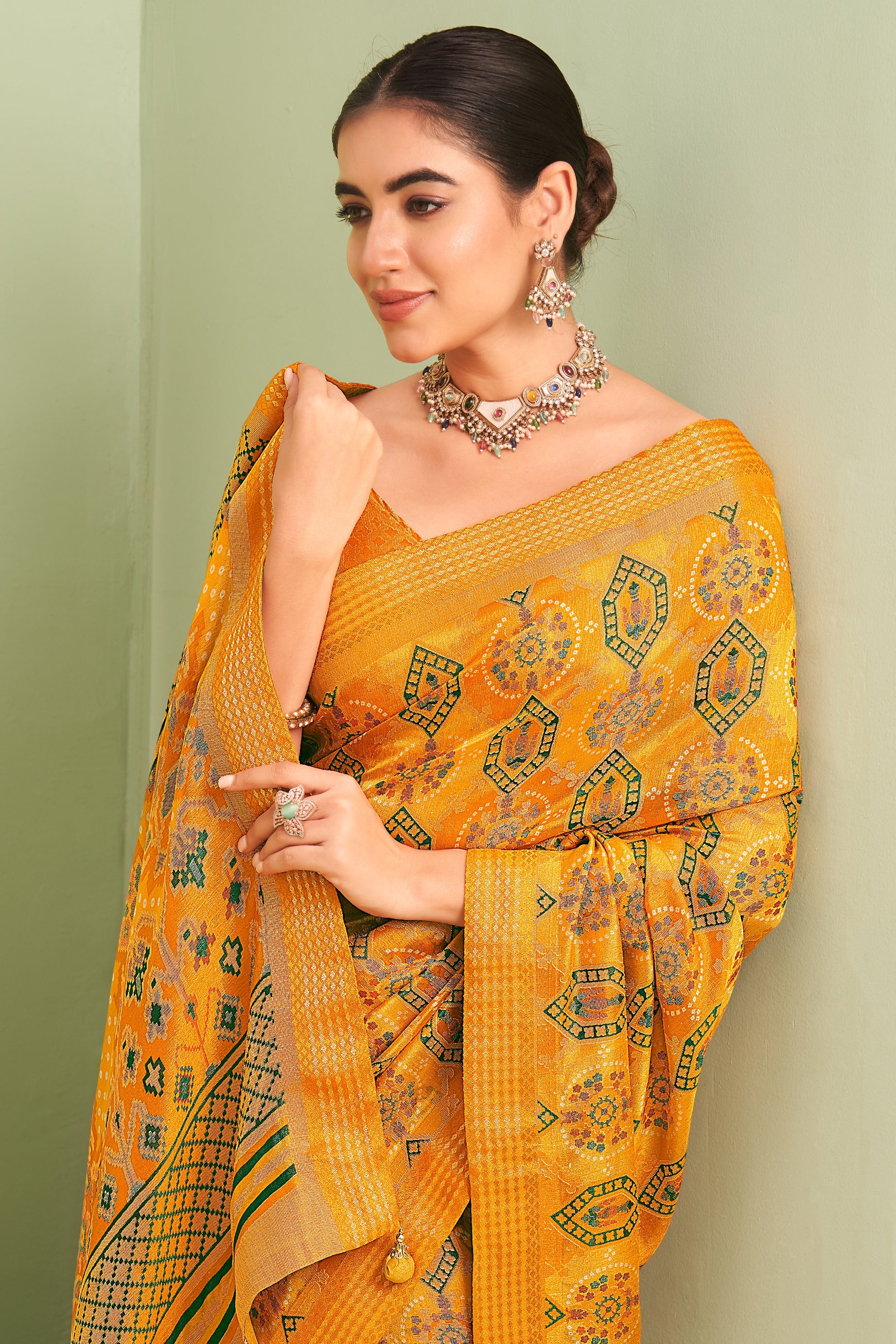 Yellow Georgette Saree with Brasso Print-ZB133930_2_SareeButa.com