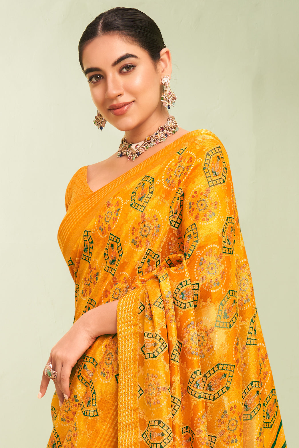 Yellow Georgette Saree with Brasso Print-ZB133930_3_SareeButa.com