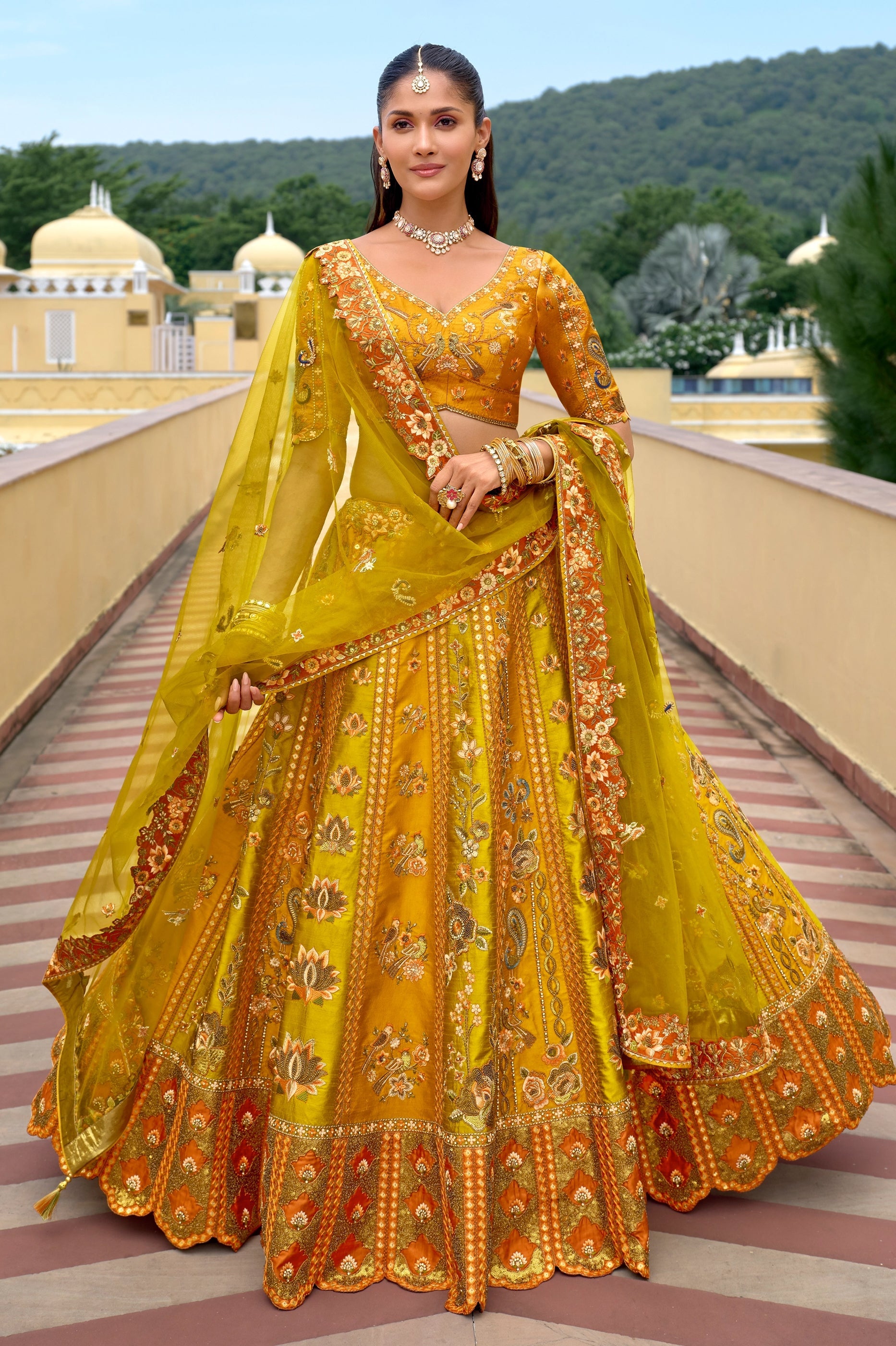 Yellow Green Unstitched Embroidered Silk Lehenga-SAR11031_1_SareeButa.com