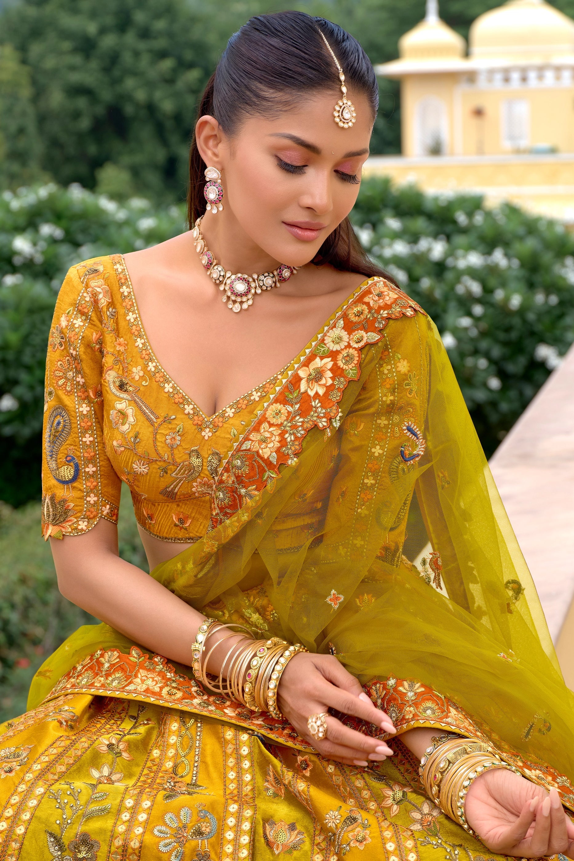 Yellow Green Unstitched Embroidered Silk Lehenga-SAR11031_2_SareeButa.com