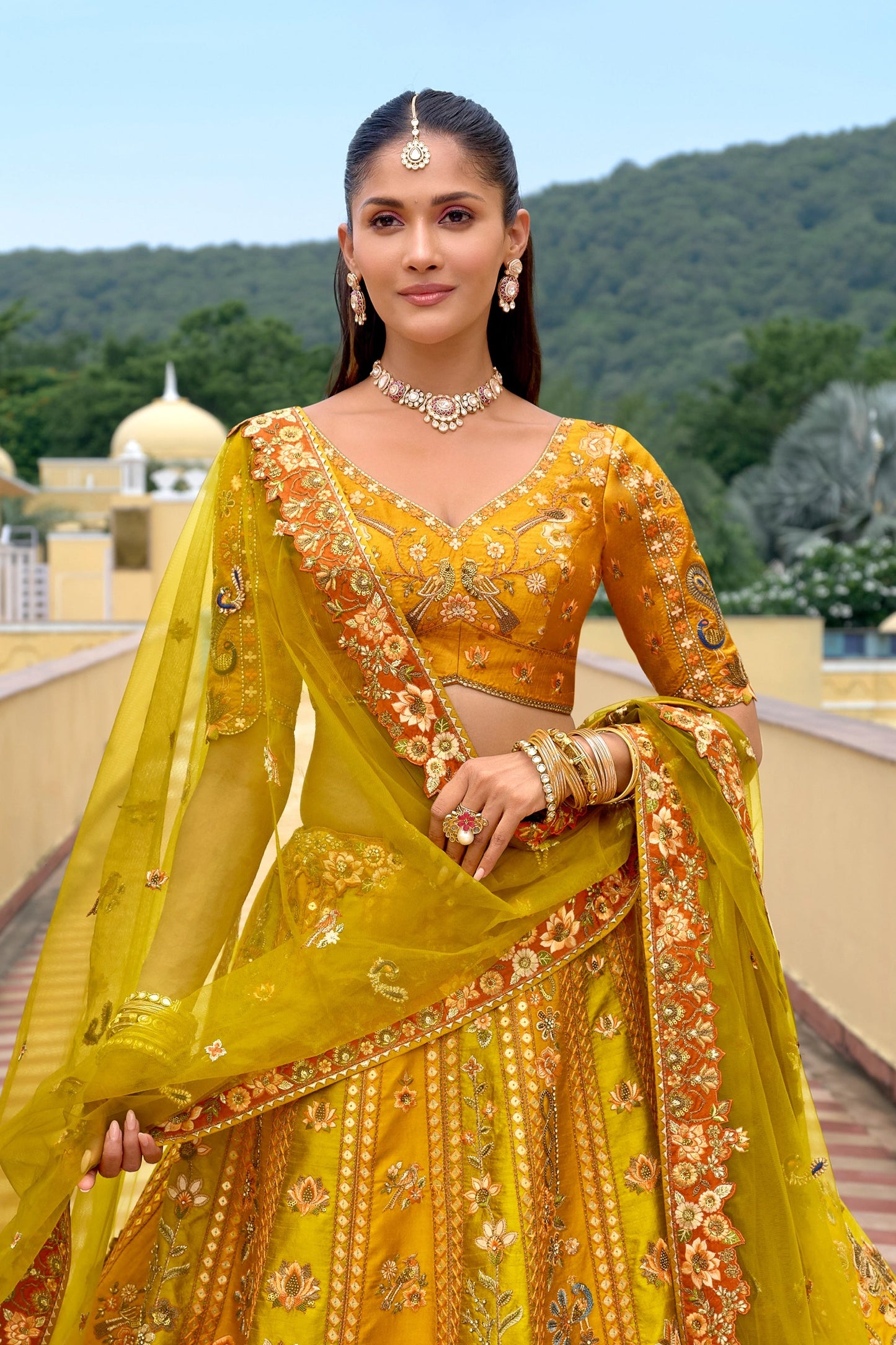 Yellow Green Unstitched Embroidered Silk Lehenga-SAR11031_3_SareeButa.com