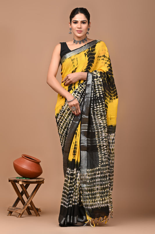 yellow-handblock-print-cotton-linen-saree-zb132579_1_SareeButa.com
