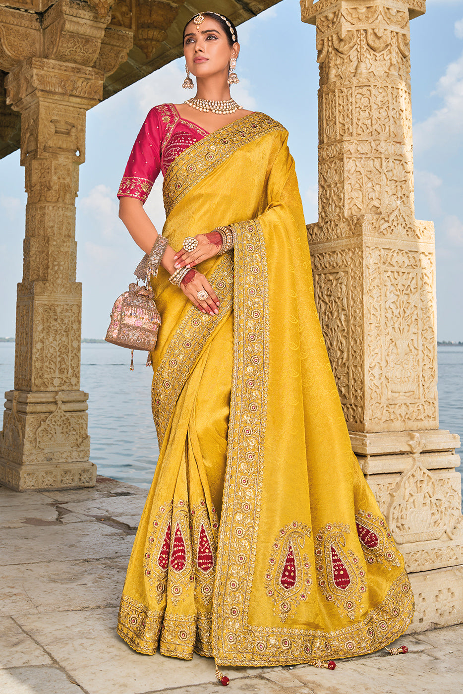 Yellow Heavy Work Banarasi Saree With Readymade Blouse-ZB133460_1_SareeButa.com