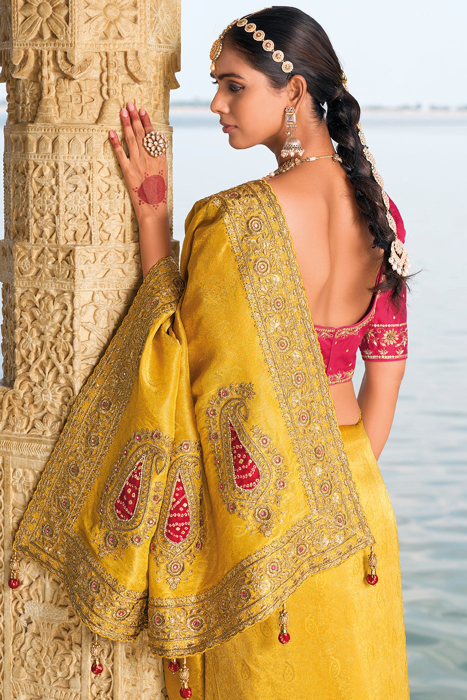 Yellow Heavy Work Banarasi Saree With Readymade Blouse-ZB133460_3_SareeButa.com