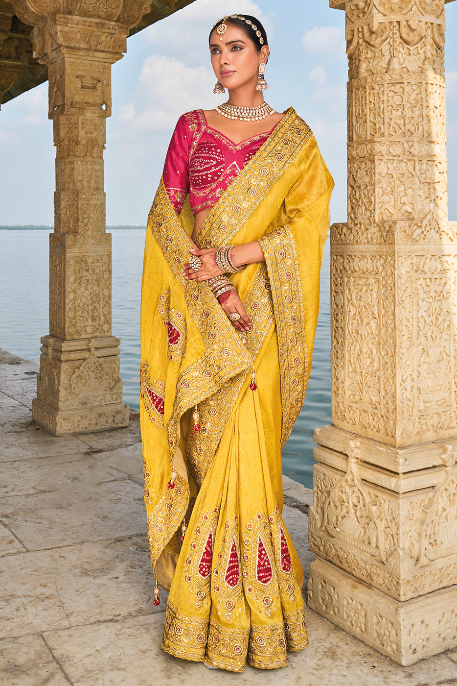 Yellow Heavy Work Banarasi Saree With Readymade Blouse-ZB133460_4_SareeButa.com