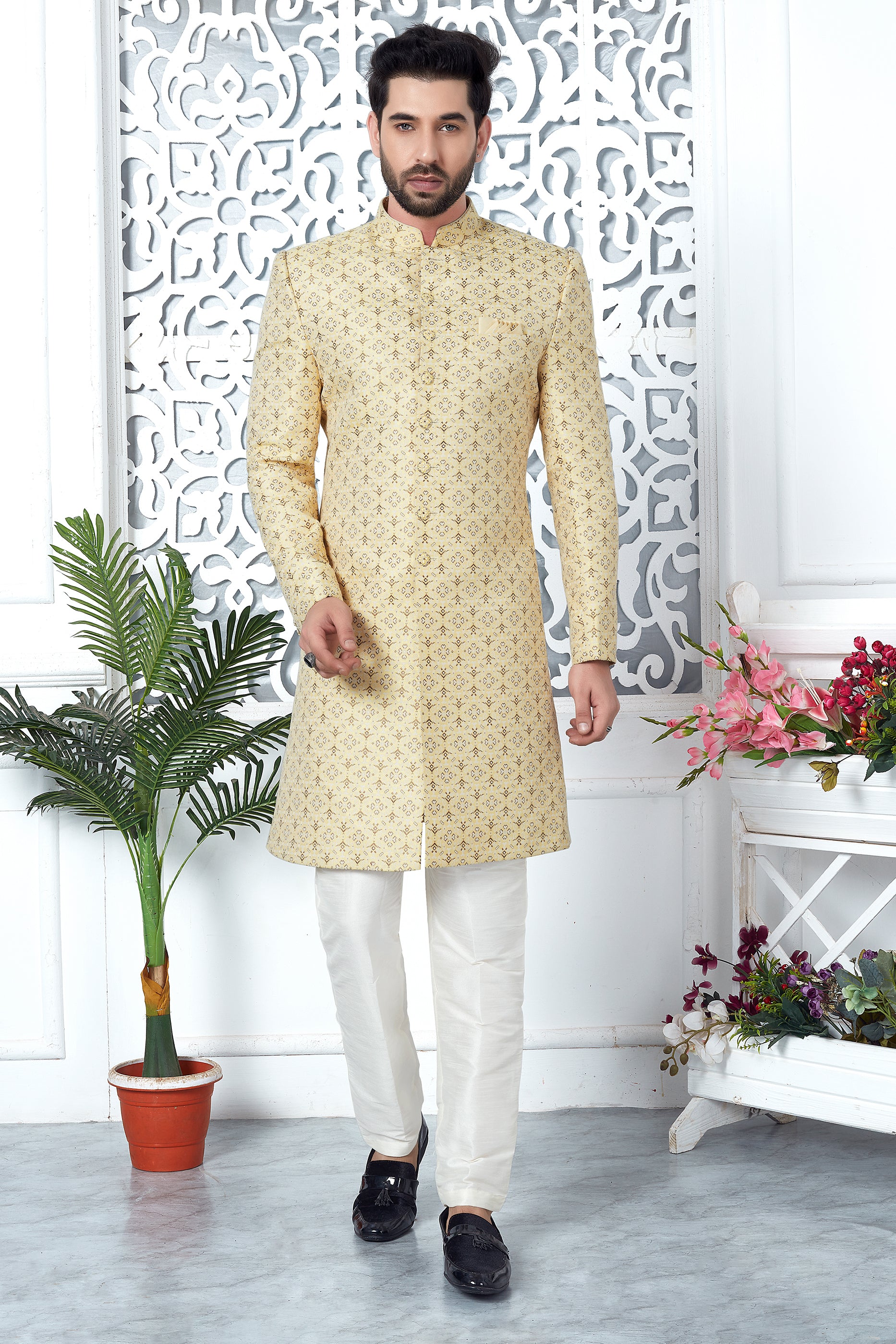 Yellow Jacquard Silk Kurta Pajama-SAR11417_1_SareeButa.com