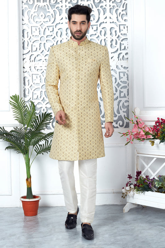 Yellow Jacquard Silk Kurta Pajama-SAR11417_1_SareeButa.com