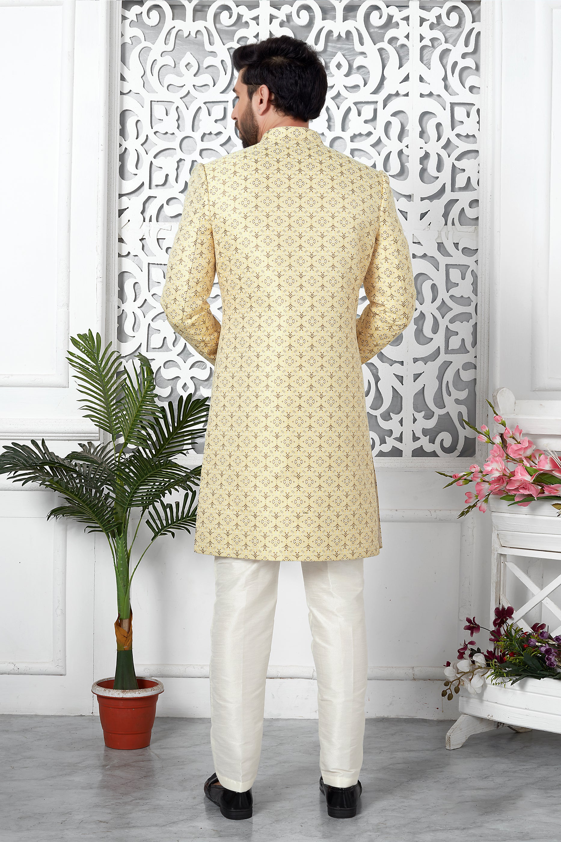 Yellow Jacquard Silk Kurta Pajama-SAR11417_2_SareeButa.com