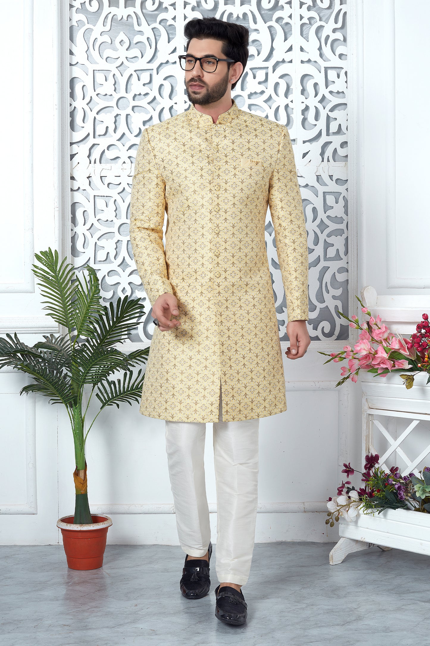 Yellow Jacquard Silk Kurta Pajama-SAR11417_3_SareeButa.com