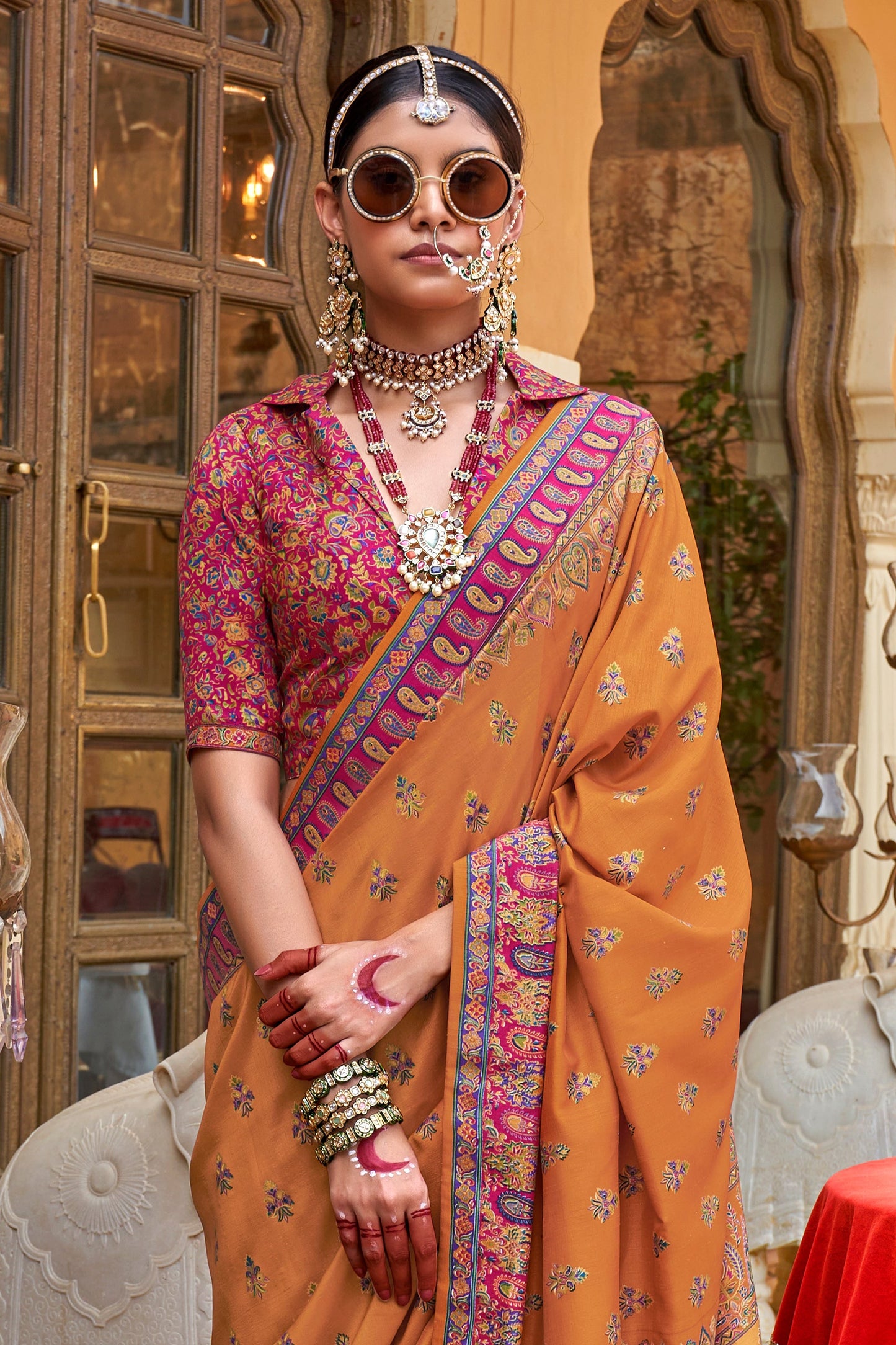 Yellow Jamewar Print Viscose Silk Saree-SAR10091_3_SareeButa.com