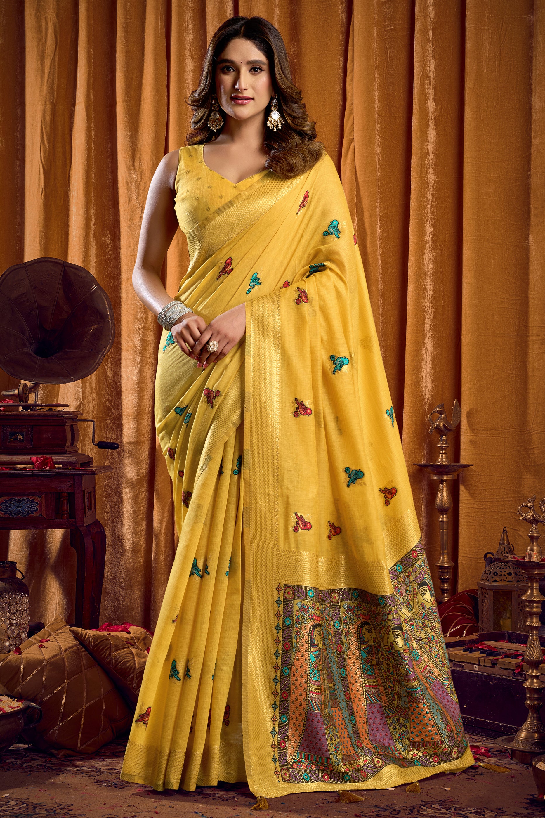 Yellow Katha Work Khadi Cotton Saree-SAR12657_1_SareeButa.com