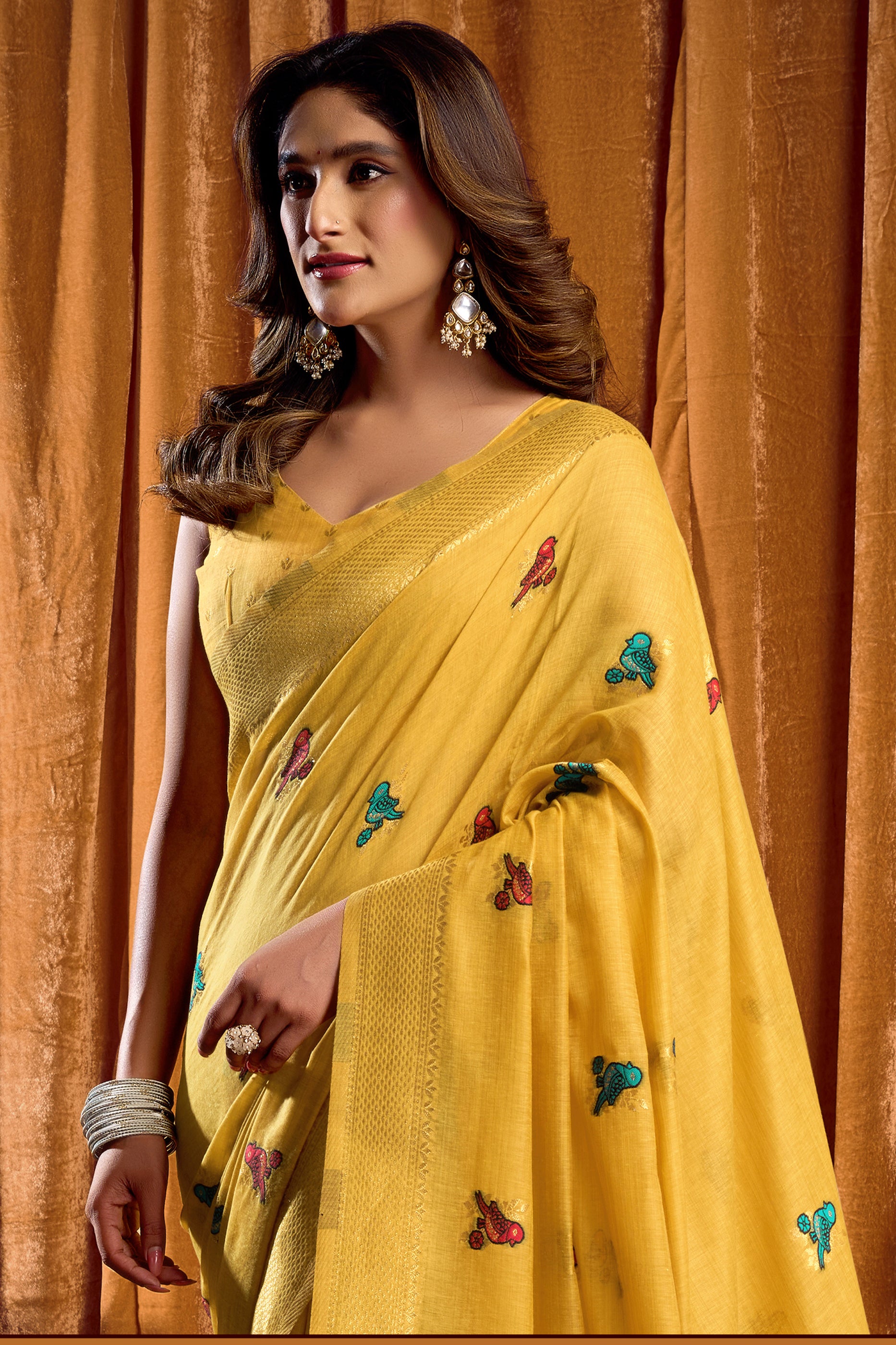 Yellow Katha Work Khadi Cotton Saree-SAR12657_3_SareeButa.com