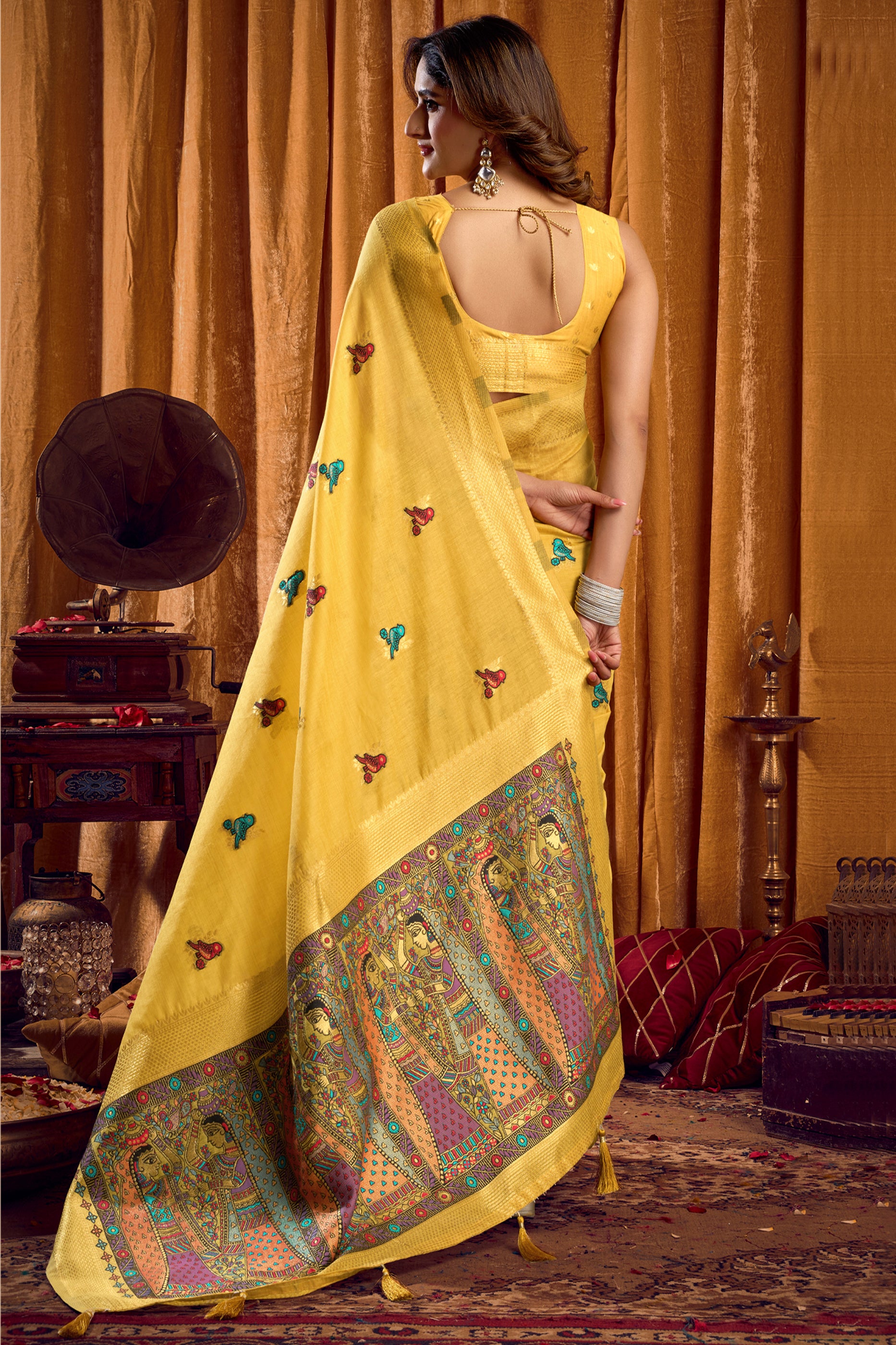 Yellow Katha Work Khadi Cotton Saree-SAR12657_4_SareeButa.com