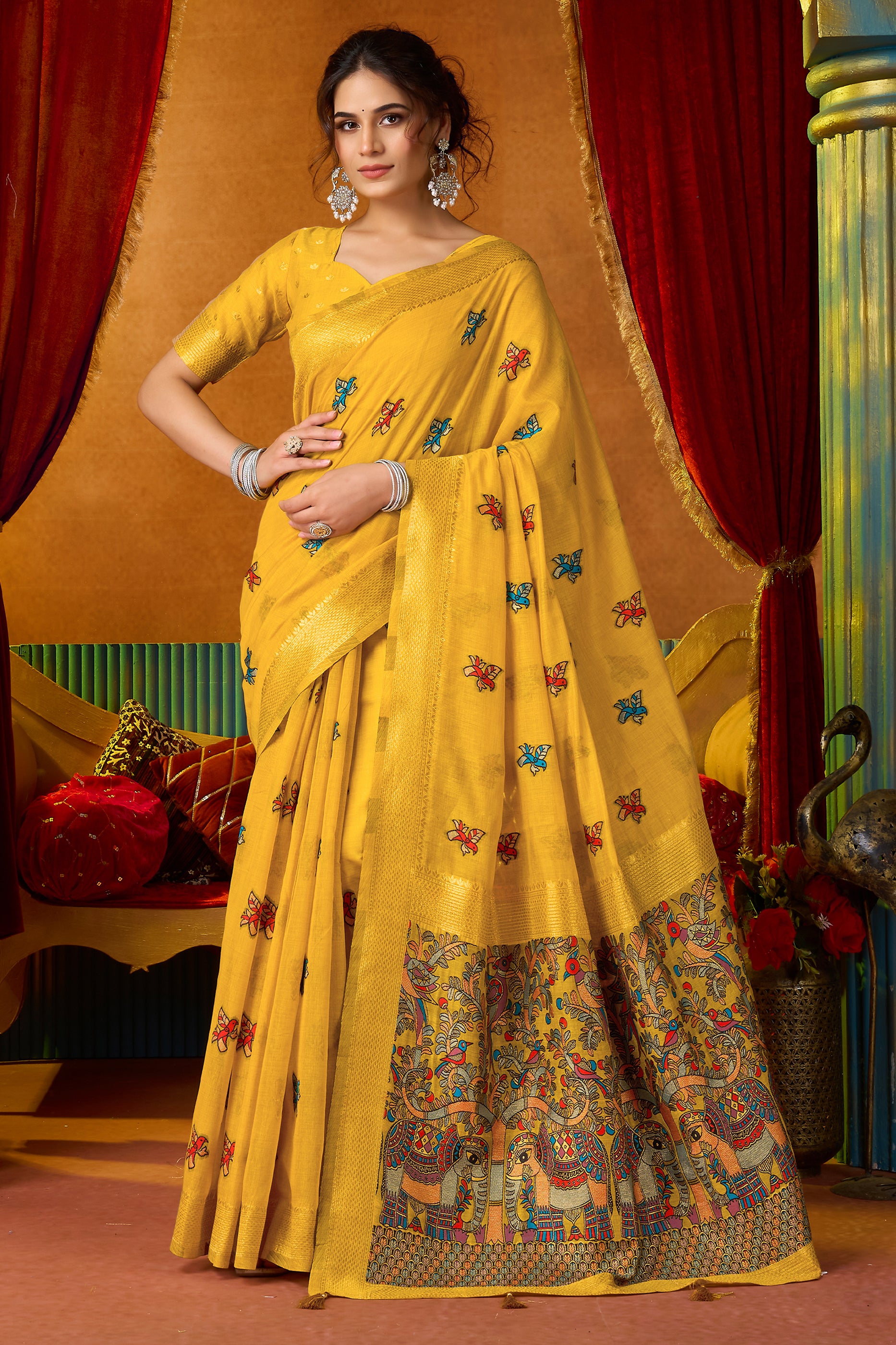 Yellow Katha Work Khadi Cotton Saree-SAR12695_1_SareeButa.com