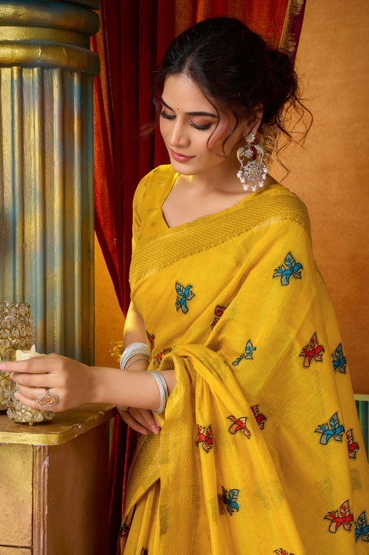 Yellow Katha Work Khadi Cotton Saree-SAR12695_2_SareeButa.com