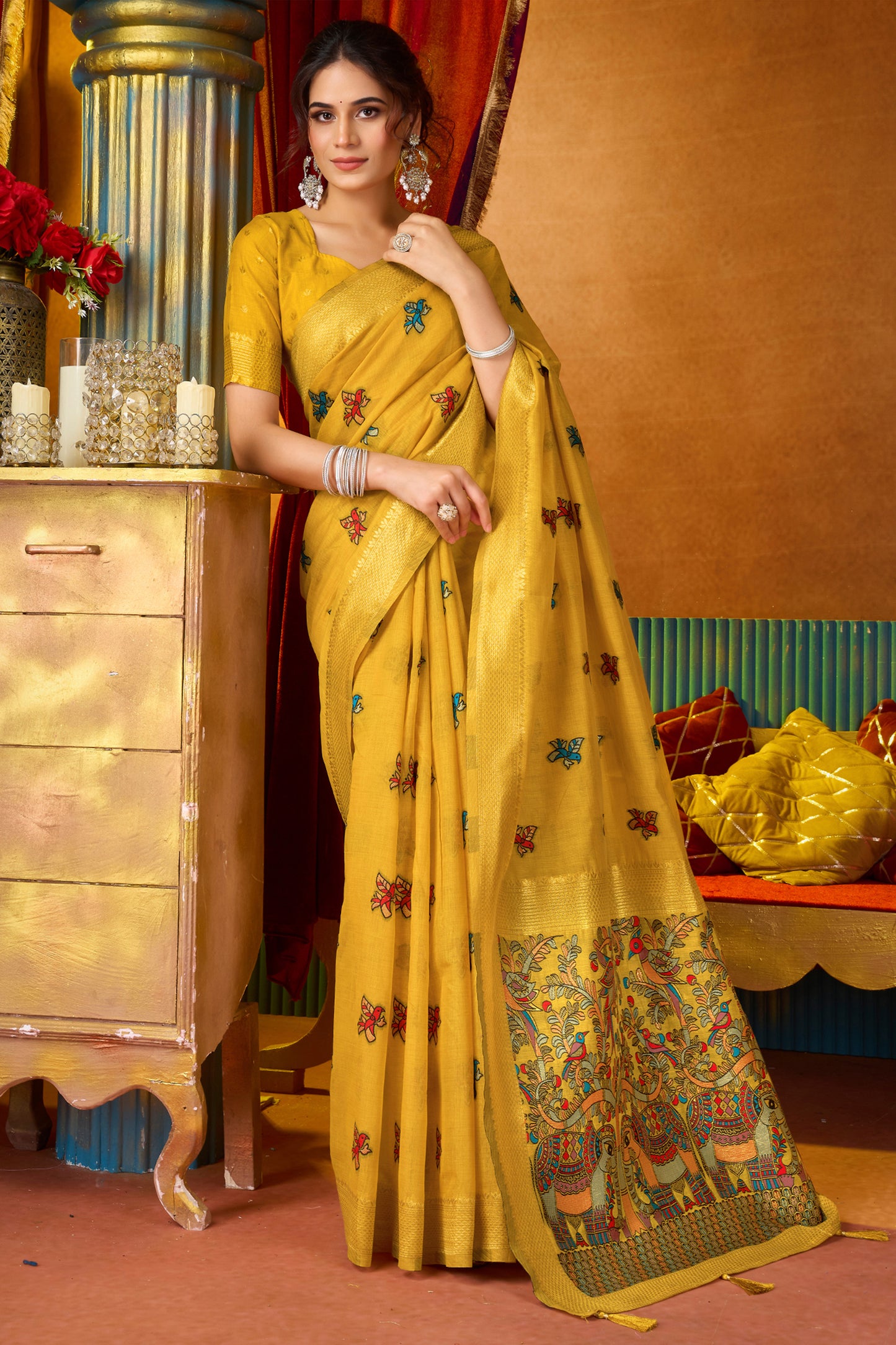 Yellow Katha Work Khadi Cotton Saree-SAR12695_3_SareeButa.com