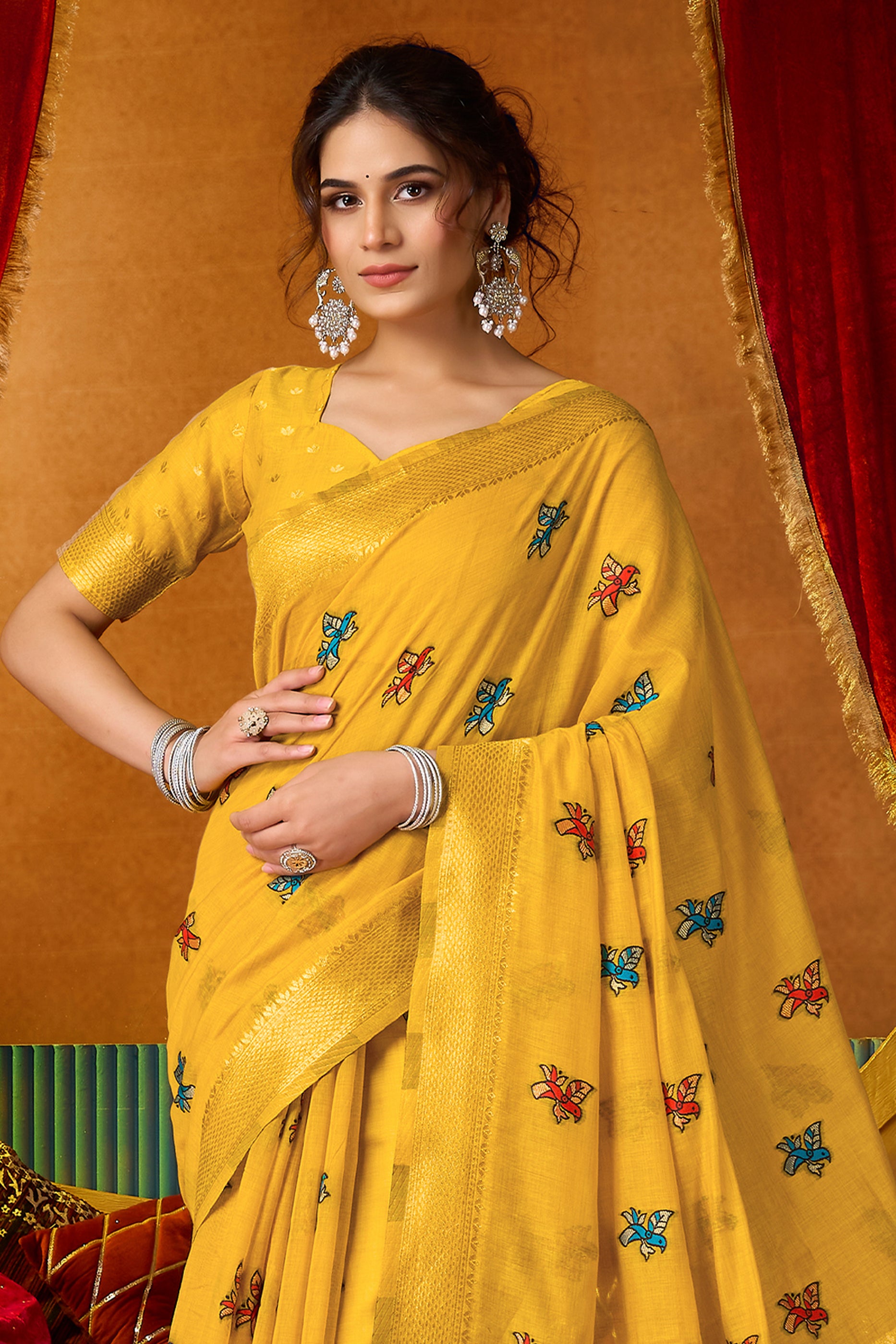 Yellow Katha Work Khadi Cotton Saree-SAR12695_4_SareeButa.com