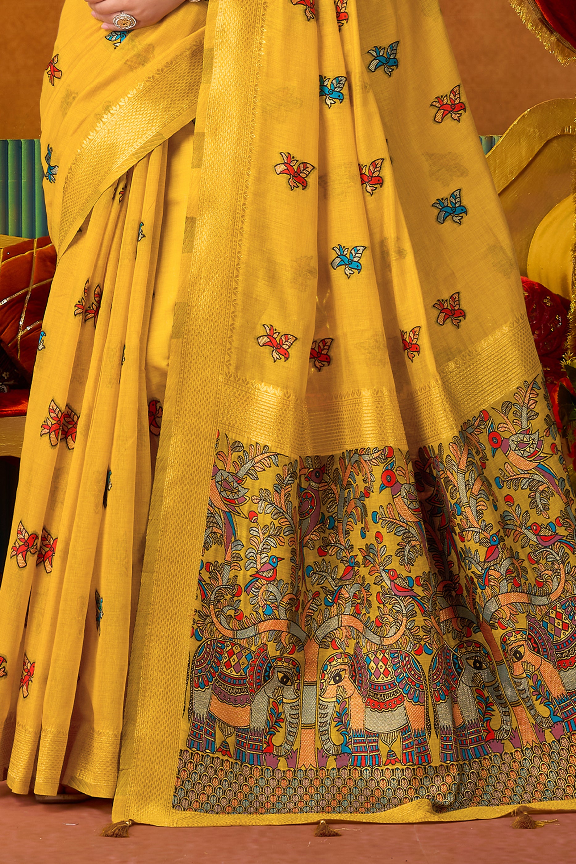 Yellow Katha Work Khadi Cotton Saree-SAR12695_5_SareeButa.com