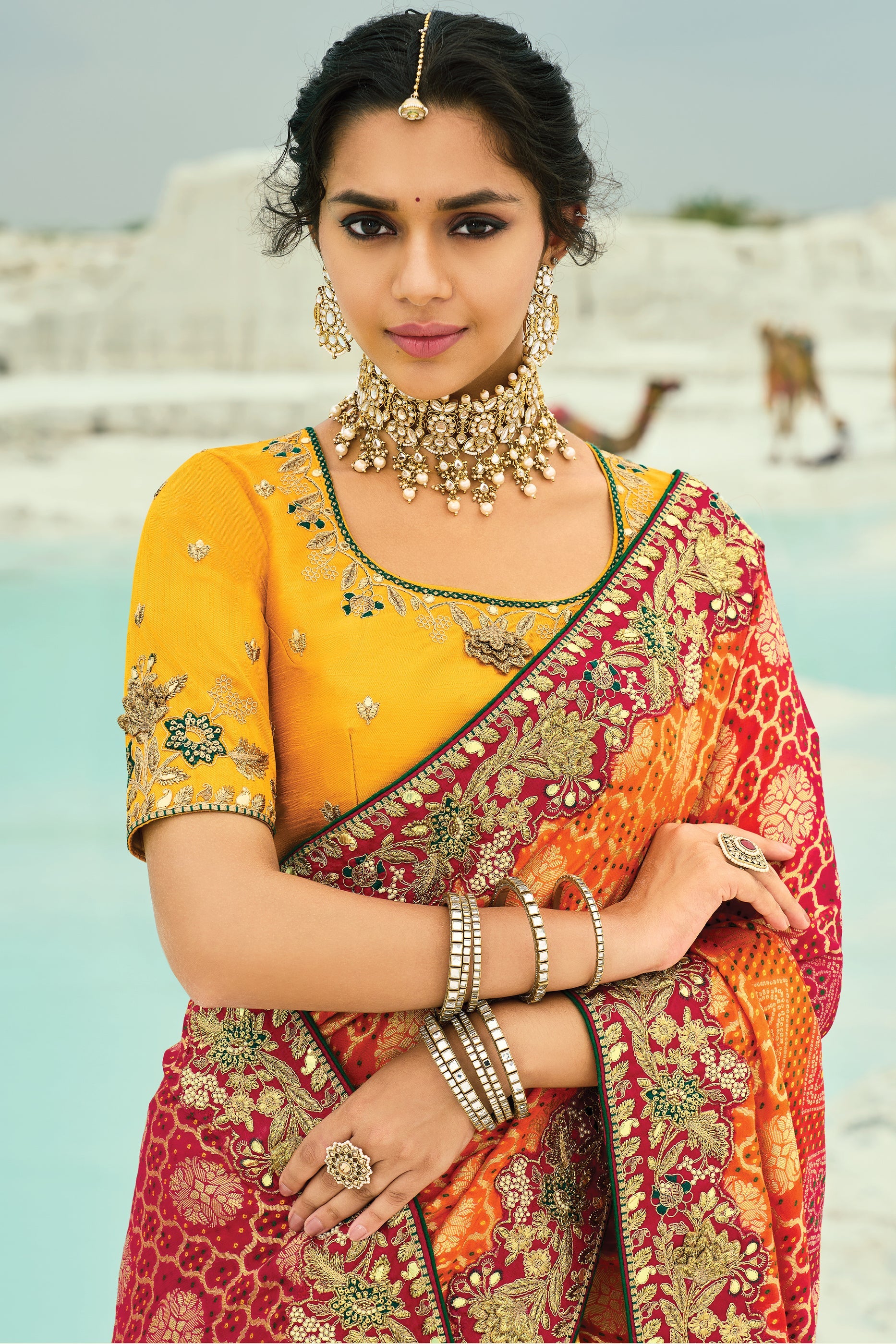 Yellow & Orange Georgette Bandhani Saree-SAR10298_2_SareeButa.com