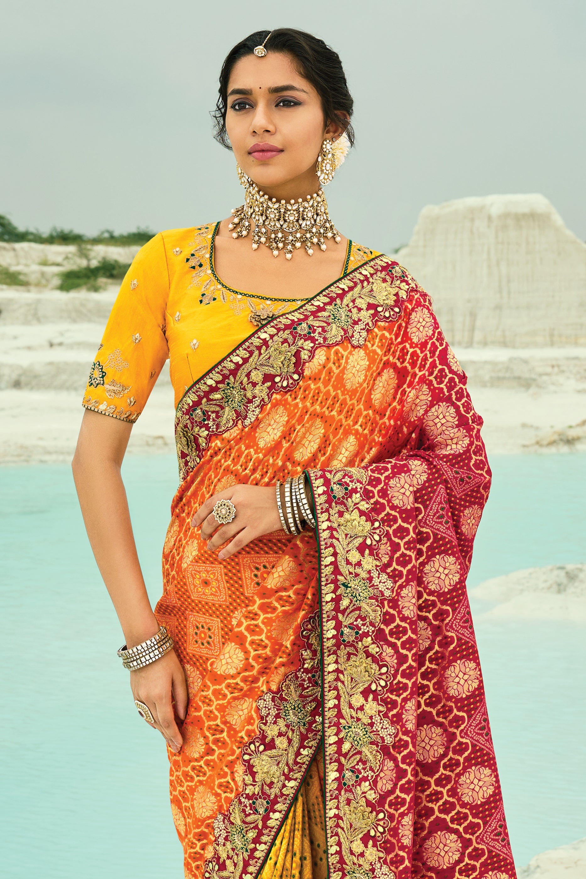 Yellow & Orange Georgette Bandhani Saree-SAR10298_4_SareeButa.com