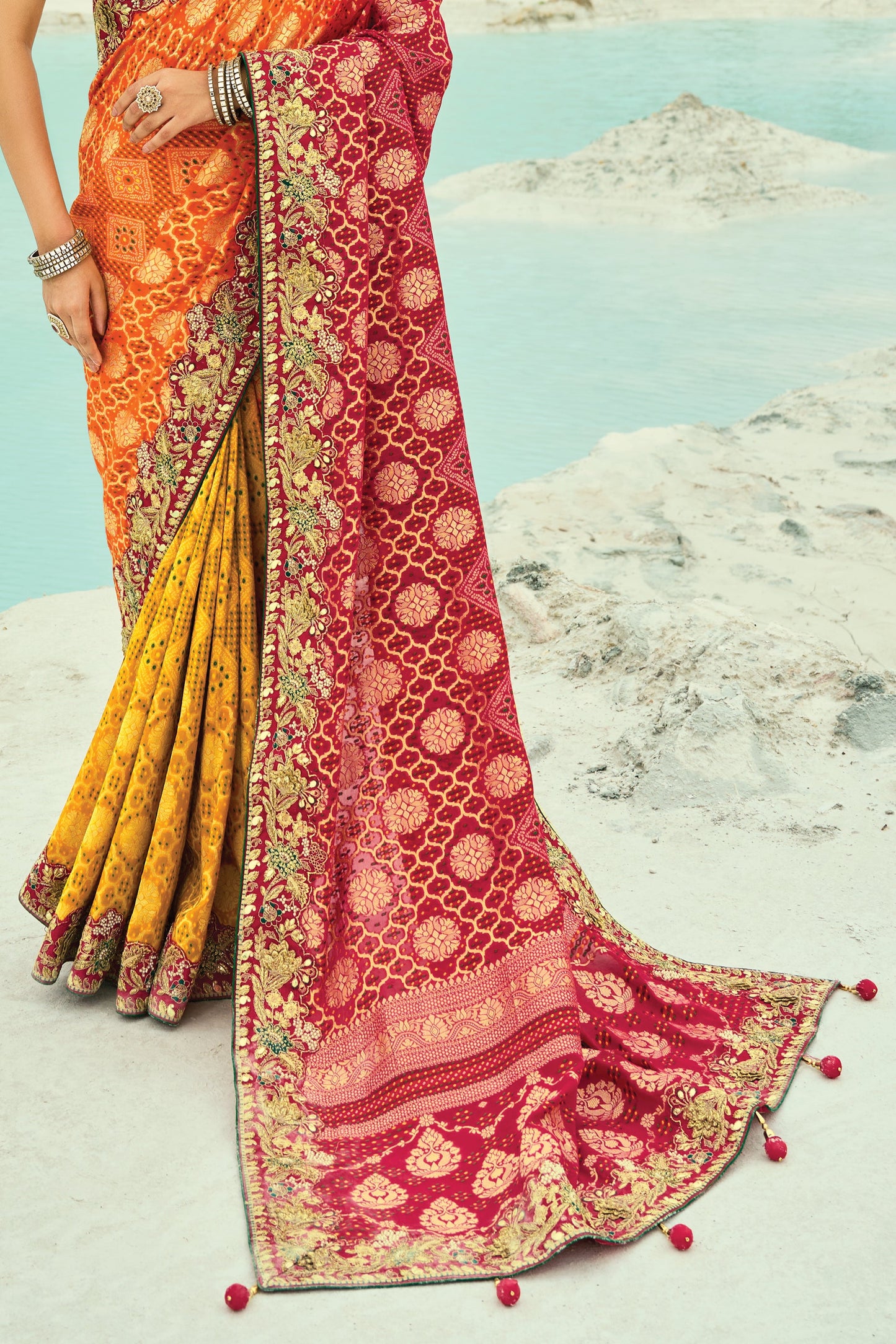 Yellow & Orange Georgette Bandhani Saree-SAR10298_5_SareeButa.com