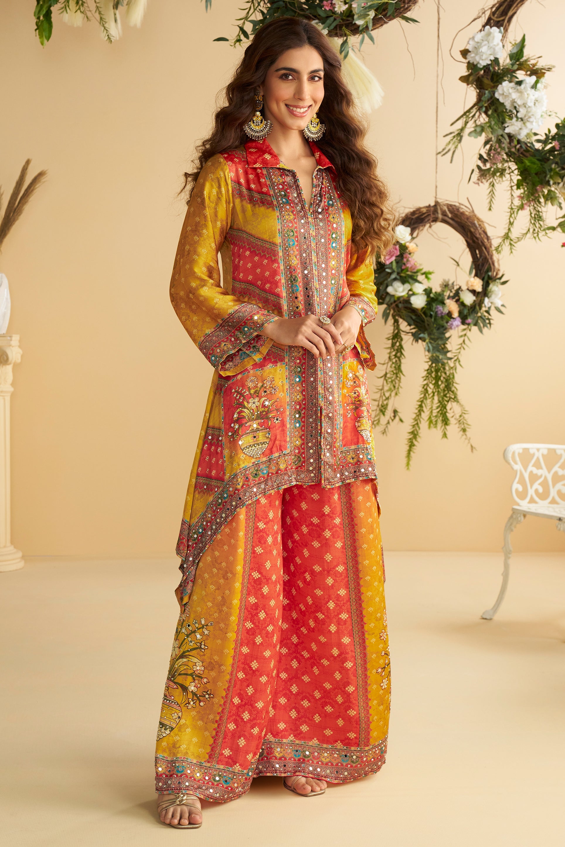 Yellow Orange Readymade Crepe Silk Co-Ord Set-SS787_1_SareeButa.com