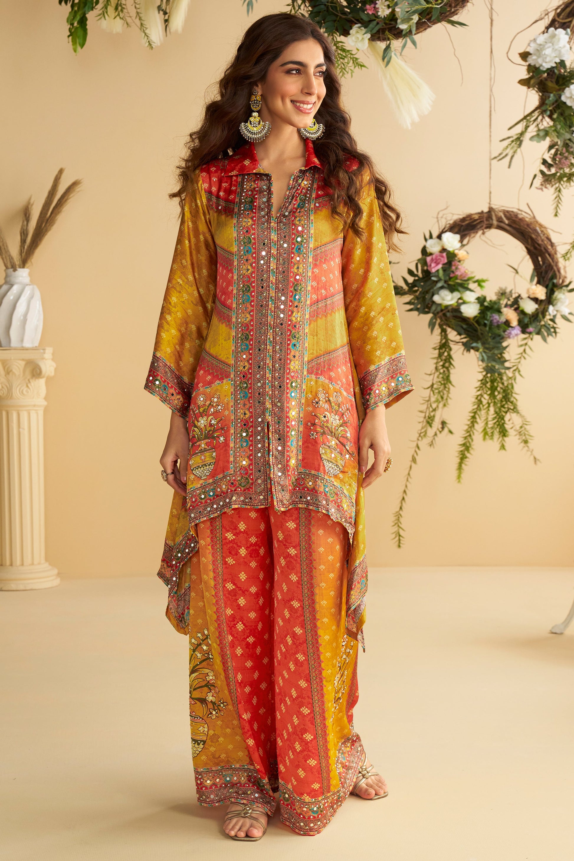 Yellow Orange Readymade Crepe Silk Co-Ord Set-SS787_3_SareeButa.com