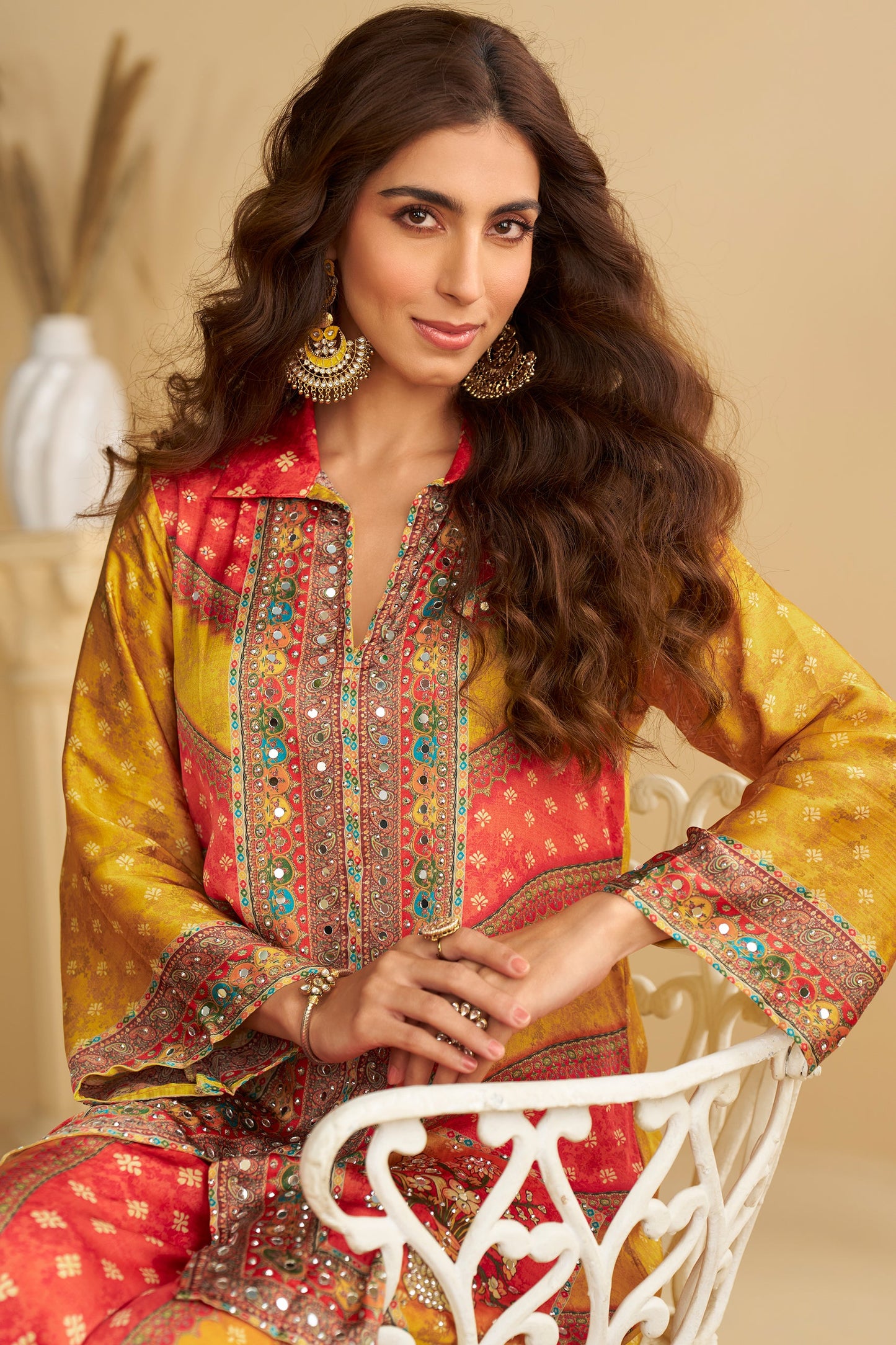 Yellow Orange Readymade Crepe Silk Co-Ord Set-SS787_4_SareeButa.com