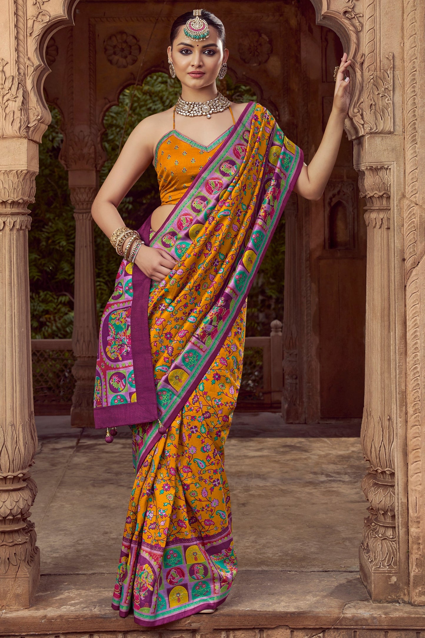 Yellow Pashmina Printed Viscose Silk Saree-SAR10401_1_SareeButa.com