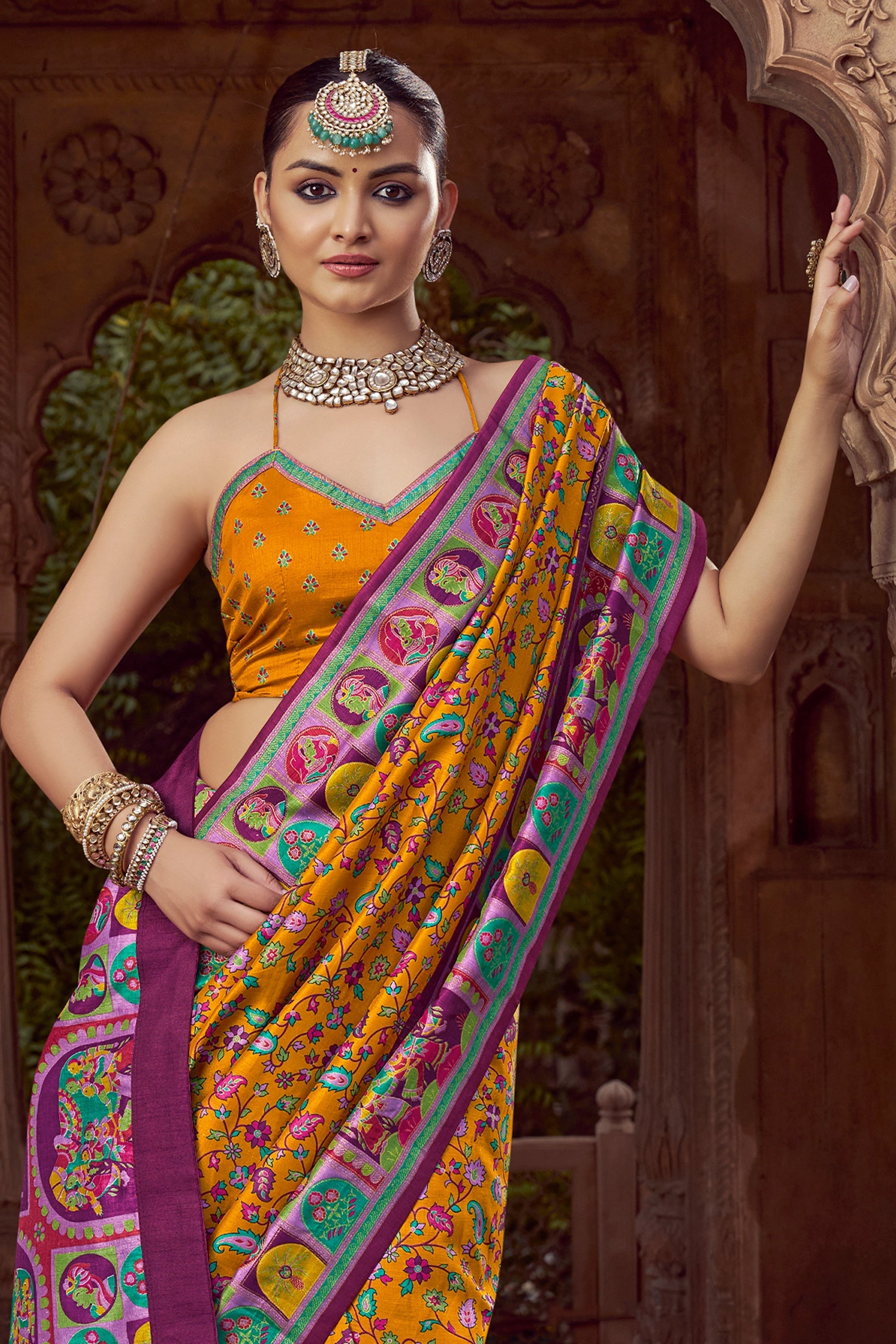 Yellow Pashmina Printed Viscose Silk Saree-SAR10401_3_SareeButa.com
