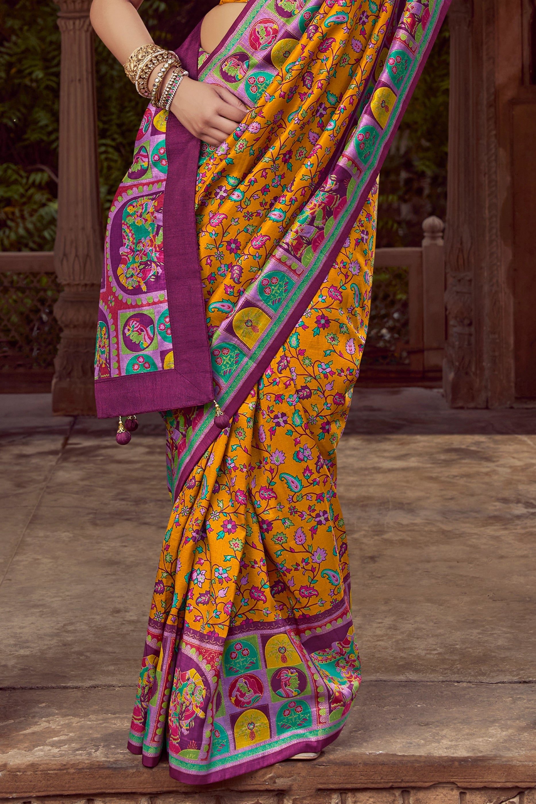 Yellow Pashmina Printed Viscose Silk Saree-SAR10401_4_SareeButa.com