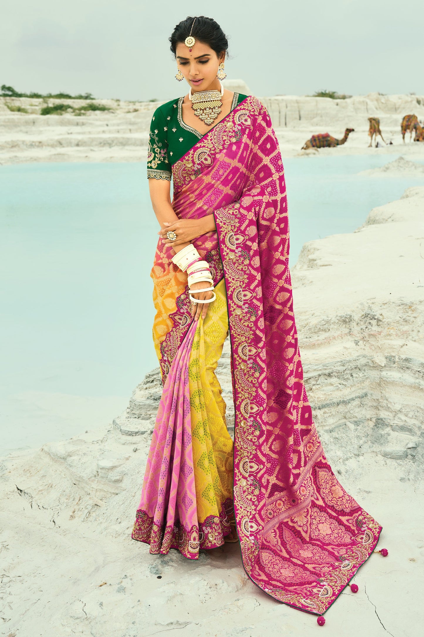 Yellow & Pink Georgette Bandhani Saree-SAR10301_1_SareeButa.com
