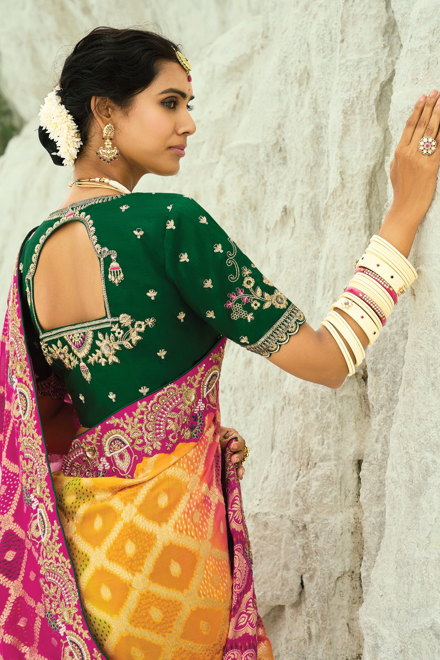 Yellow & Pink Georgette Bandhani Saree-SAR10301_3_SareeButa.com