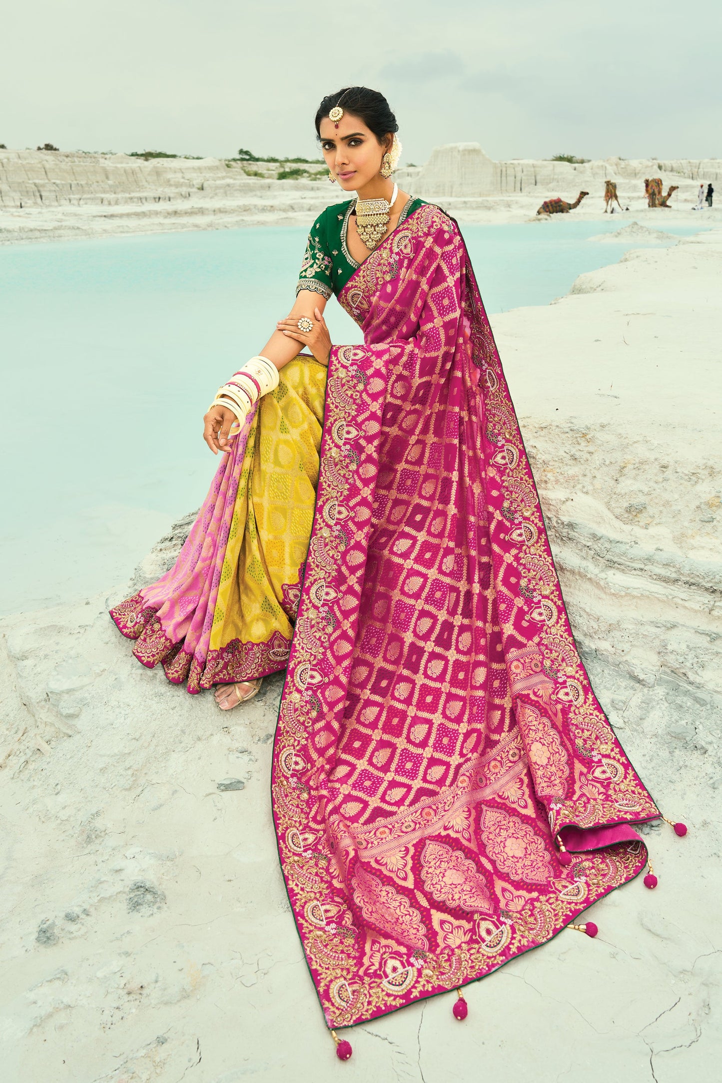 Yellow & Pink Georgette Bandhani Saree-SAR10301_4_SareeButa.com