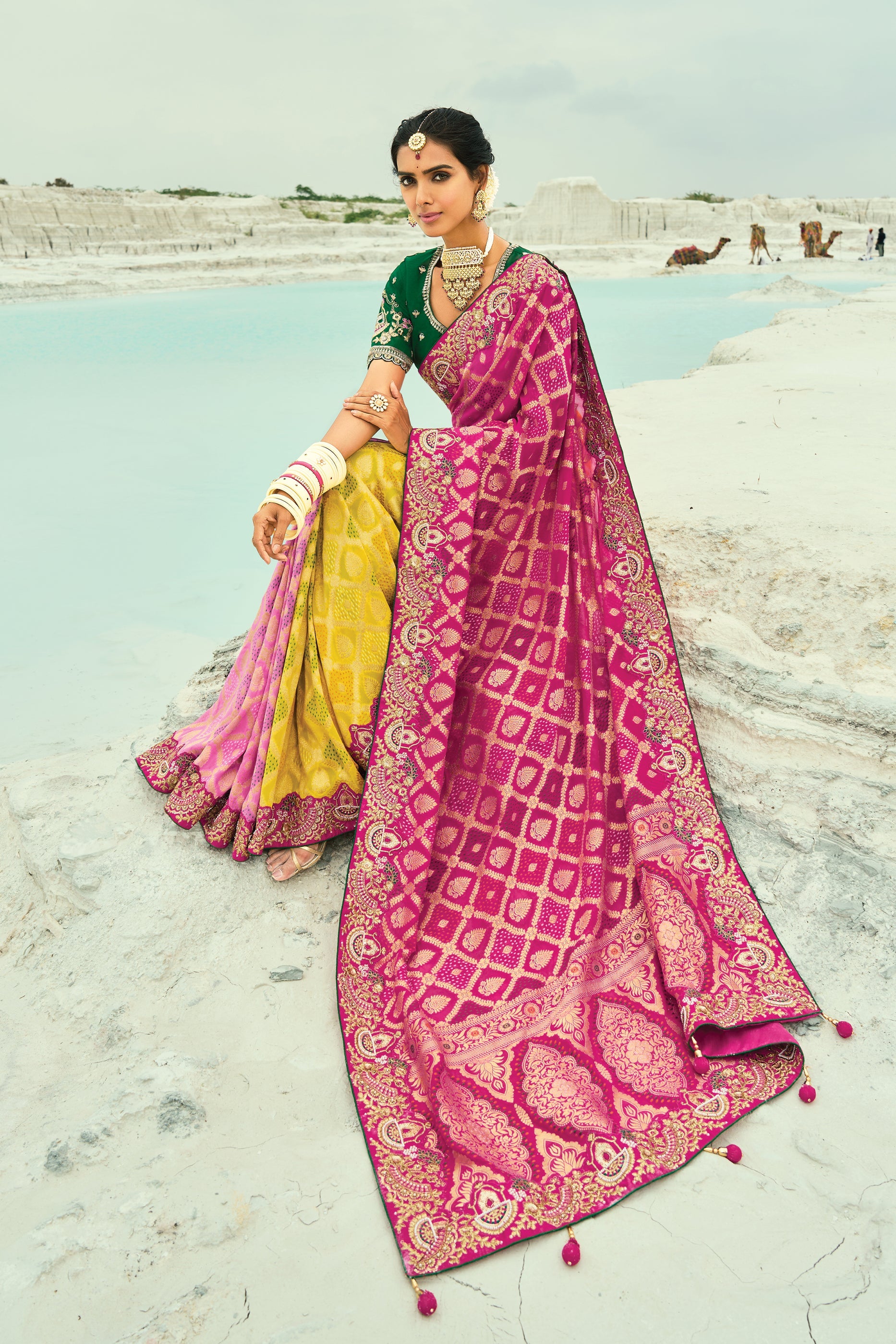 Yellow & Pink Georgette Bandhani Saree-SAR10301_4_SareeButa.com
