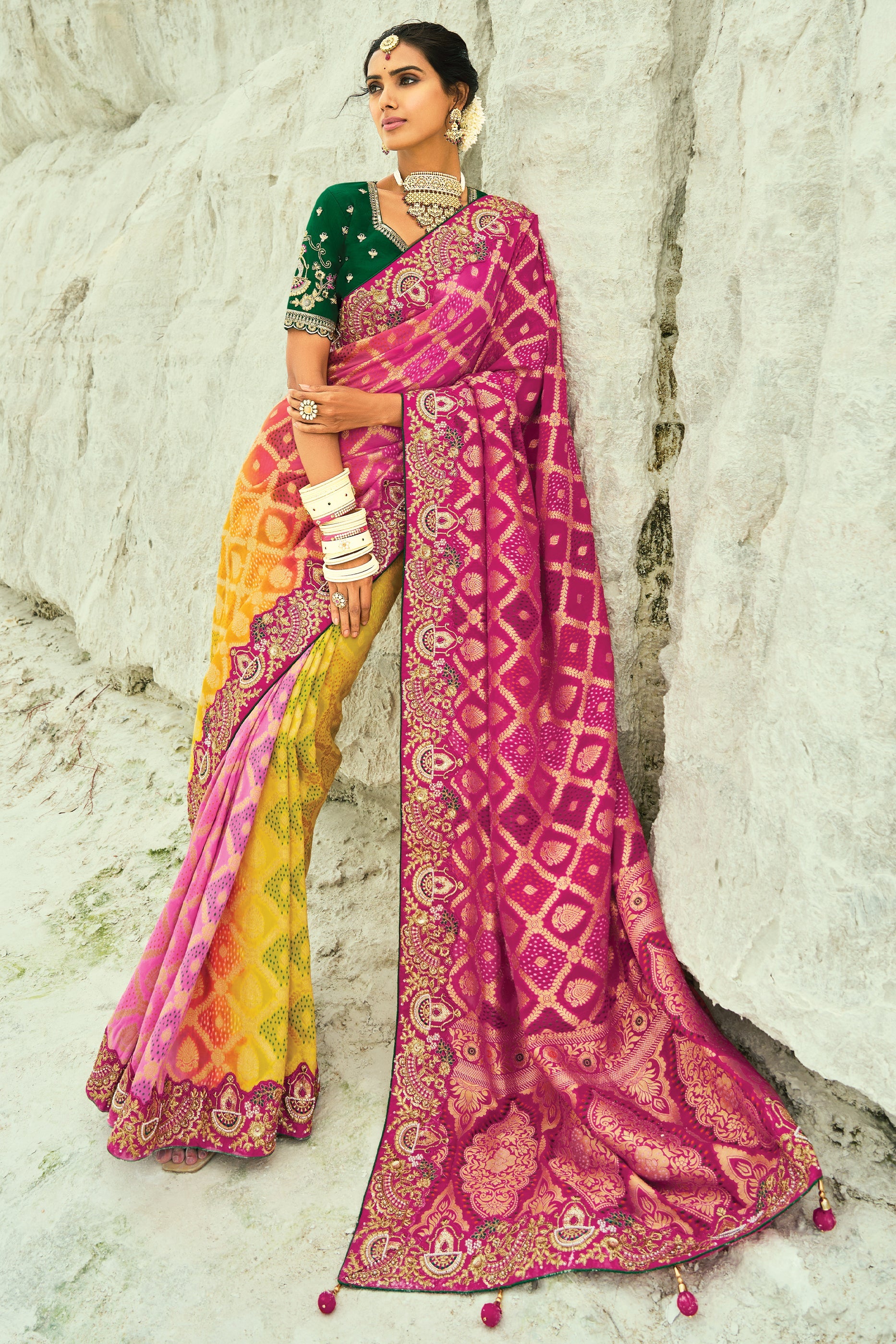Yellow & Pink Georgette Bandhani Saree-SAR10301_5_SareeButa.com