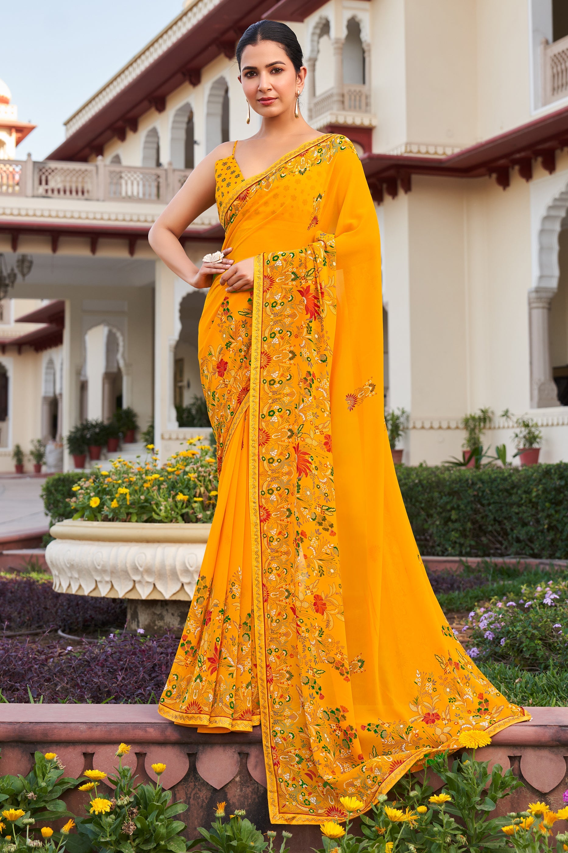 Yellow Printed Georgette Saree-SAR10166_1_SareeButa.com